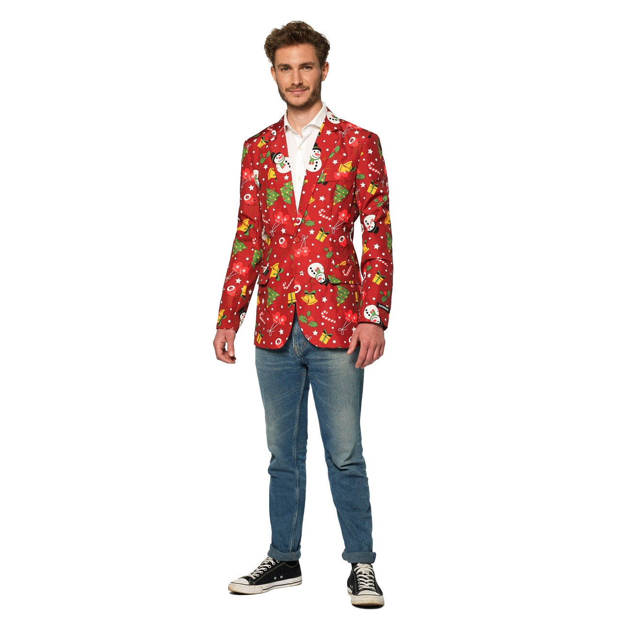 Op deze afbeelding zie je een Kostuums, van het merk Suitmeister. Christmas Red Icons Colbert Light Up Man