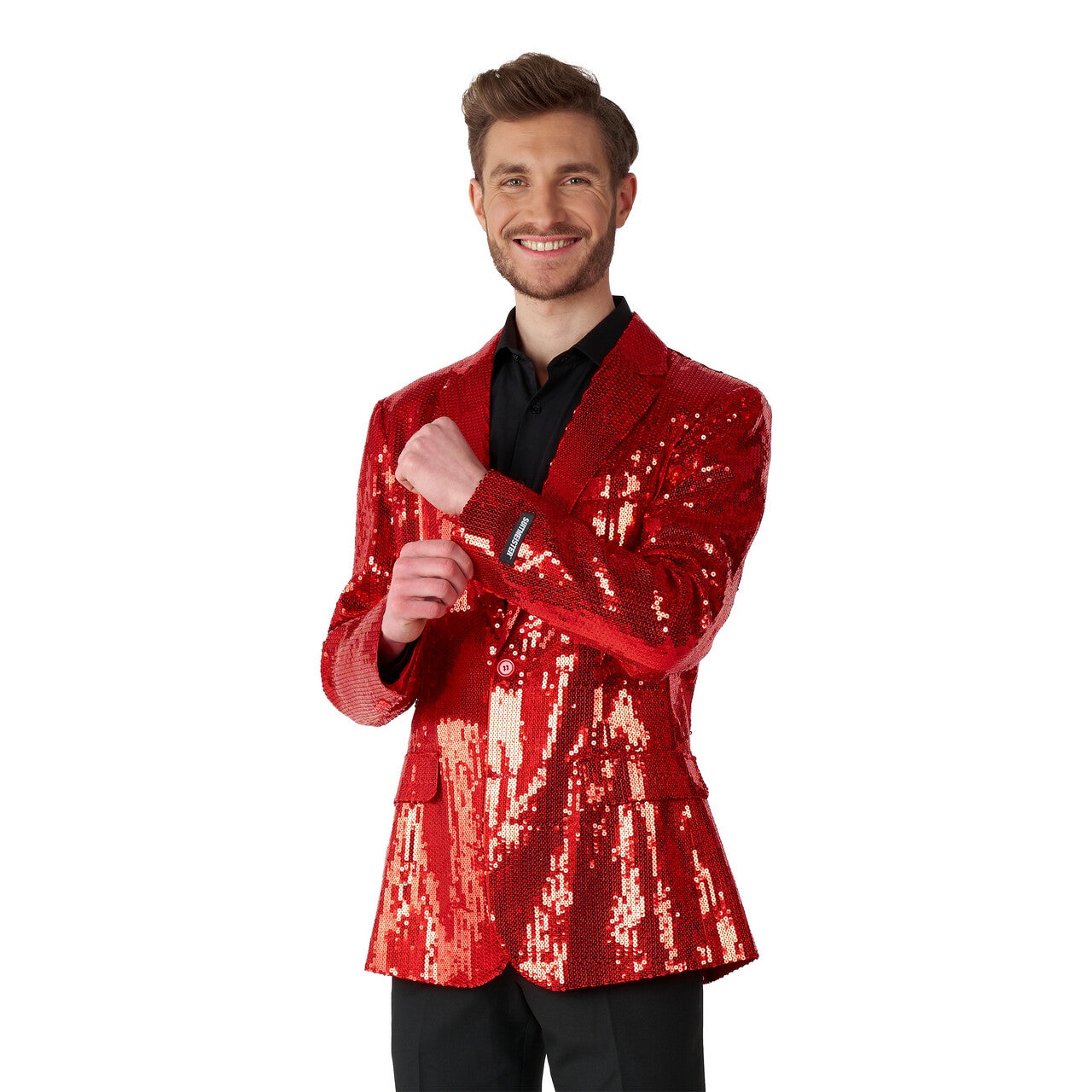 Op deze afbeelding zie je een Kostuums, van het merk Suitmeister. Quizmaster Sequins Red Pailletten Man