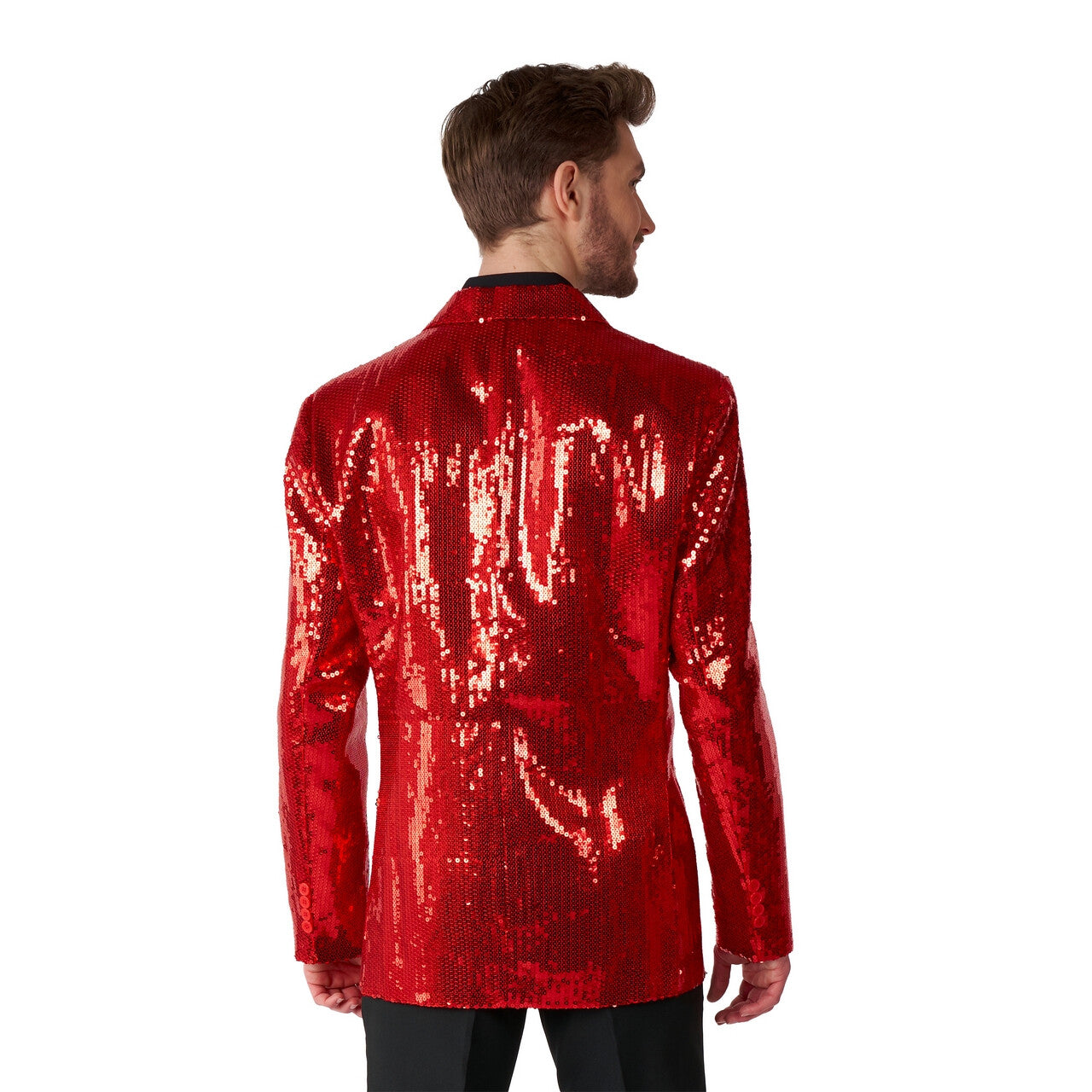 Op deze afbeelding zie je een Kostuums, van het merk Suitmeister. Quizmaster Sequins Red Pailletten Man