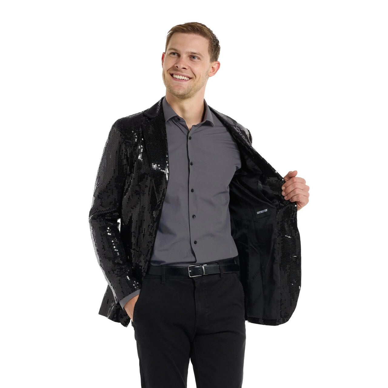 Op deze afbeelding zie je een Kostuums, van het merk Opposuits. Sequins Black Quizmaster Blazer Man