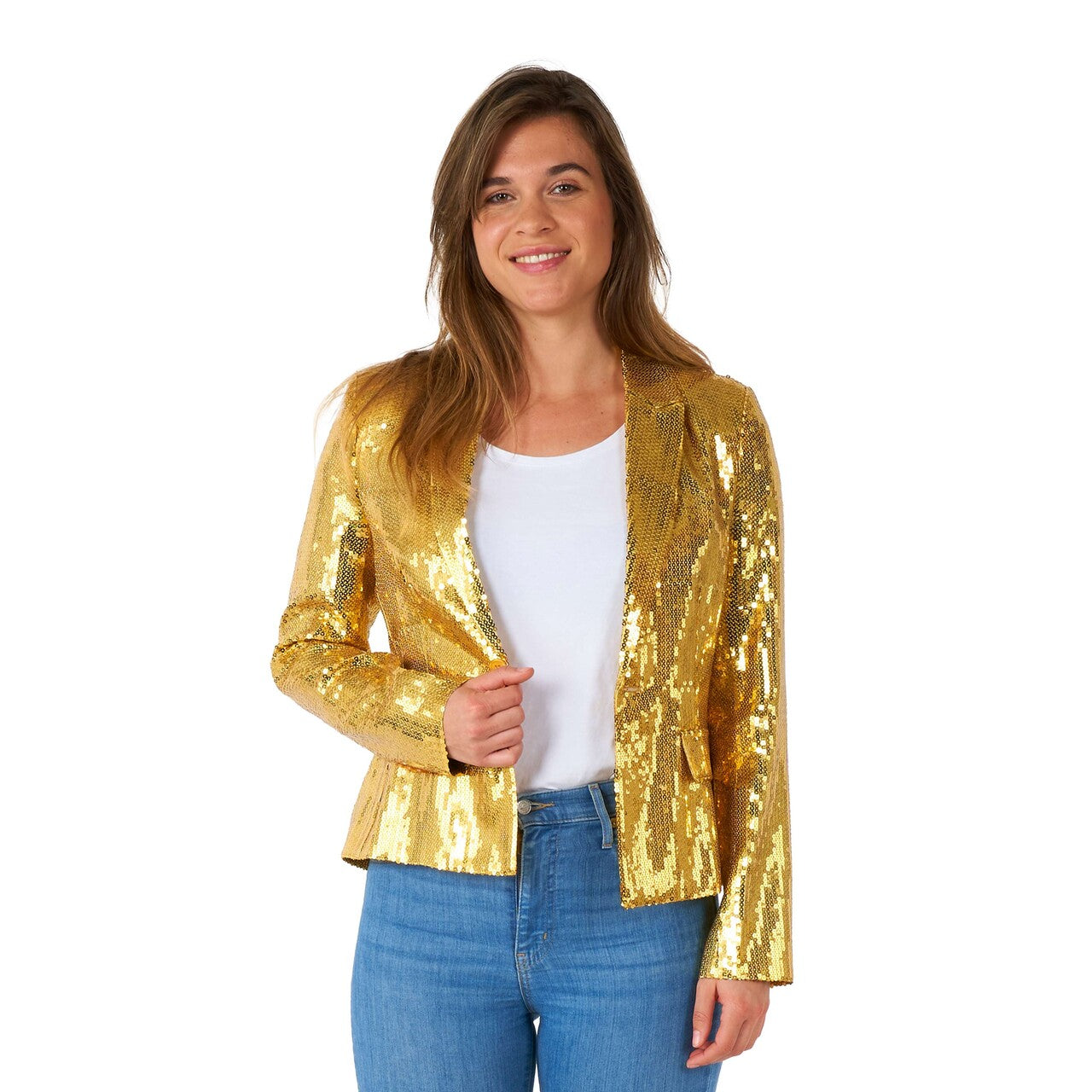 Op deze afbeelding zie je een Kostuums, van het merk Suitmeister. Wmns Sequins Gold Vrouw Kostuum
