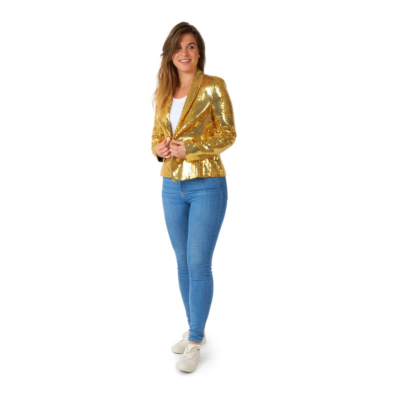 Op deze afbeelding zie je een Kostuums, van het merk Suitmeister. Wmns Sequins Gold Vrouw Kostuum