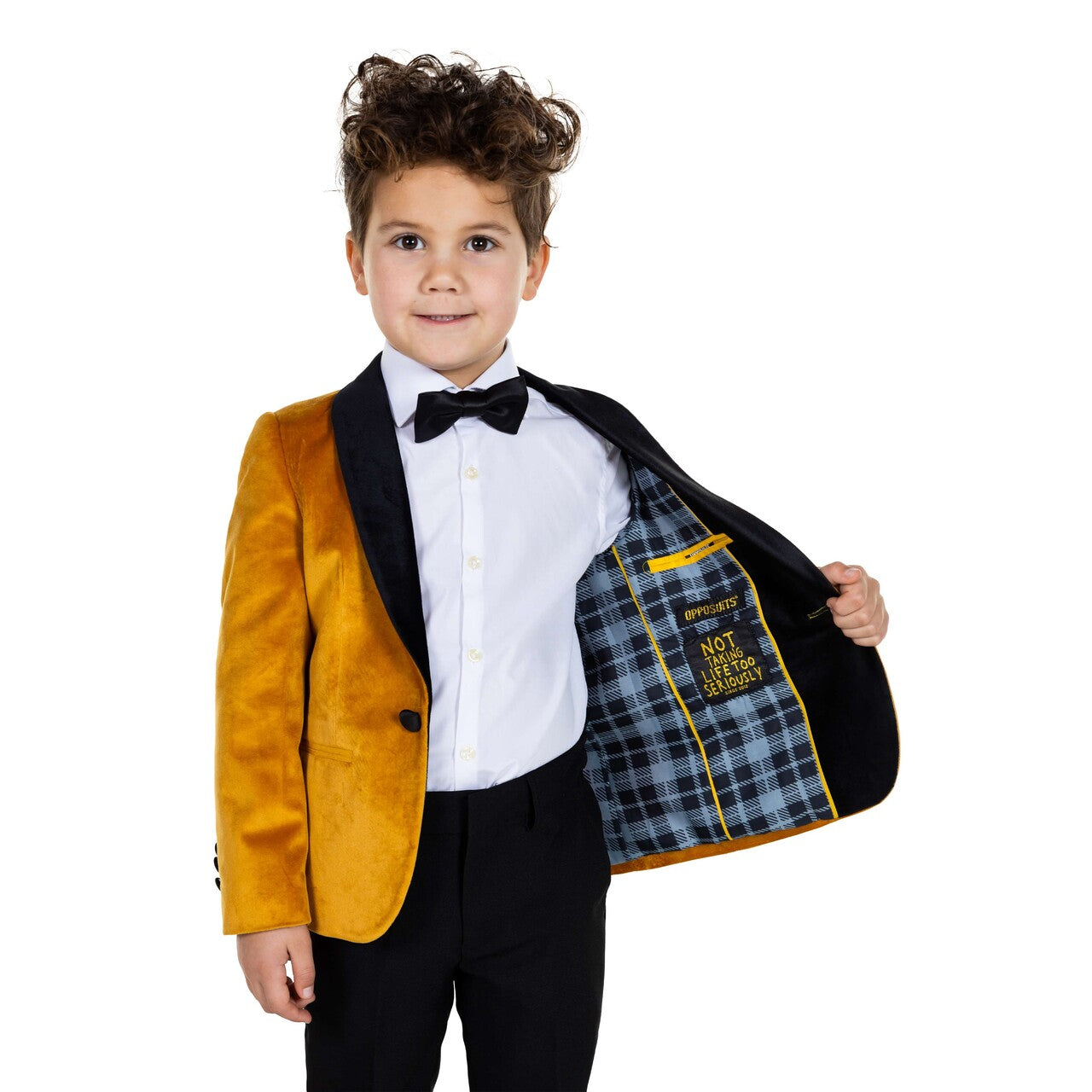 Op deze afbeelding zie je een Kostuums, van het merk Opposuits. Boys Dinner Jacket - Gold Jongen Kostuum