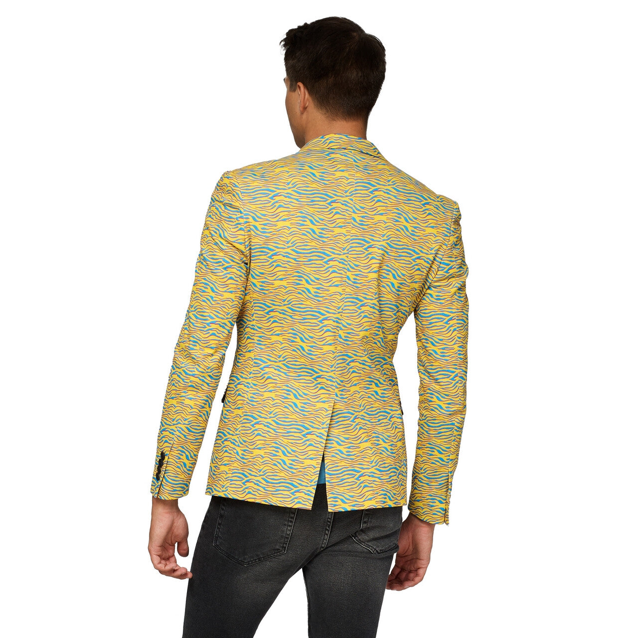 Op deze afbeelding zie je een Kostuums, van het merk Opposuits. Yellow Striped 80s Animal Jas Man