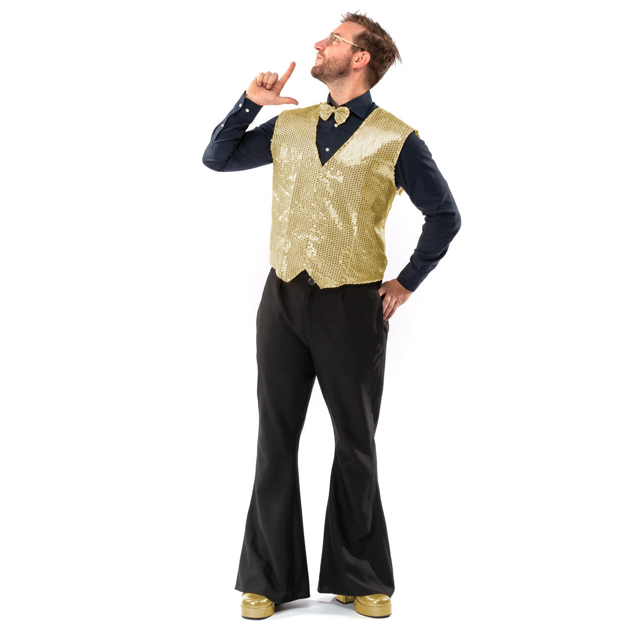 Op deze afbeelding zie je een Kostuums, van het merk Original Replicas. Paillettenvest Met Strik Golden Boy Man