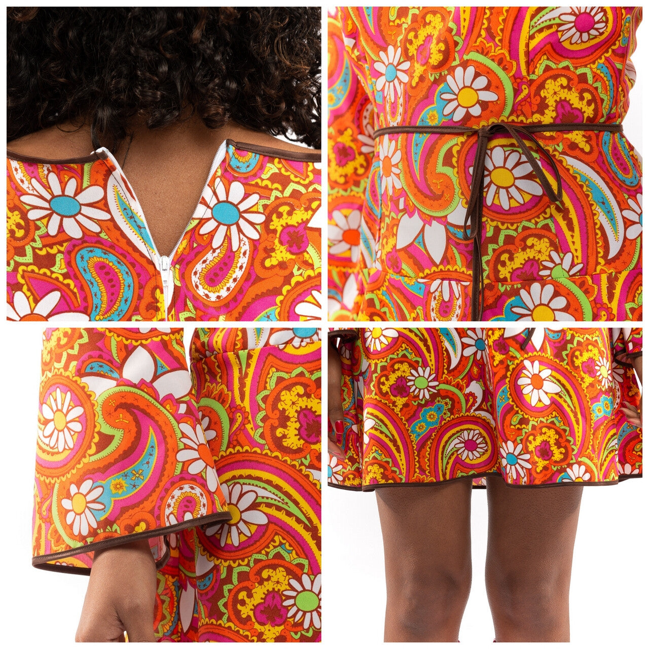 Op deze afbeelding zie je een Kostuums, van het merk Original Replicas. Oranje Kort Jaren 70 Hippie Soul Disco 60s Bloemen Pretty Paisley Vrouw Kostuum