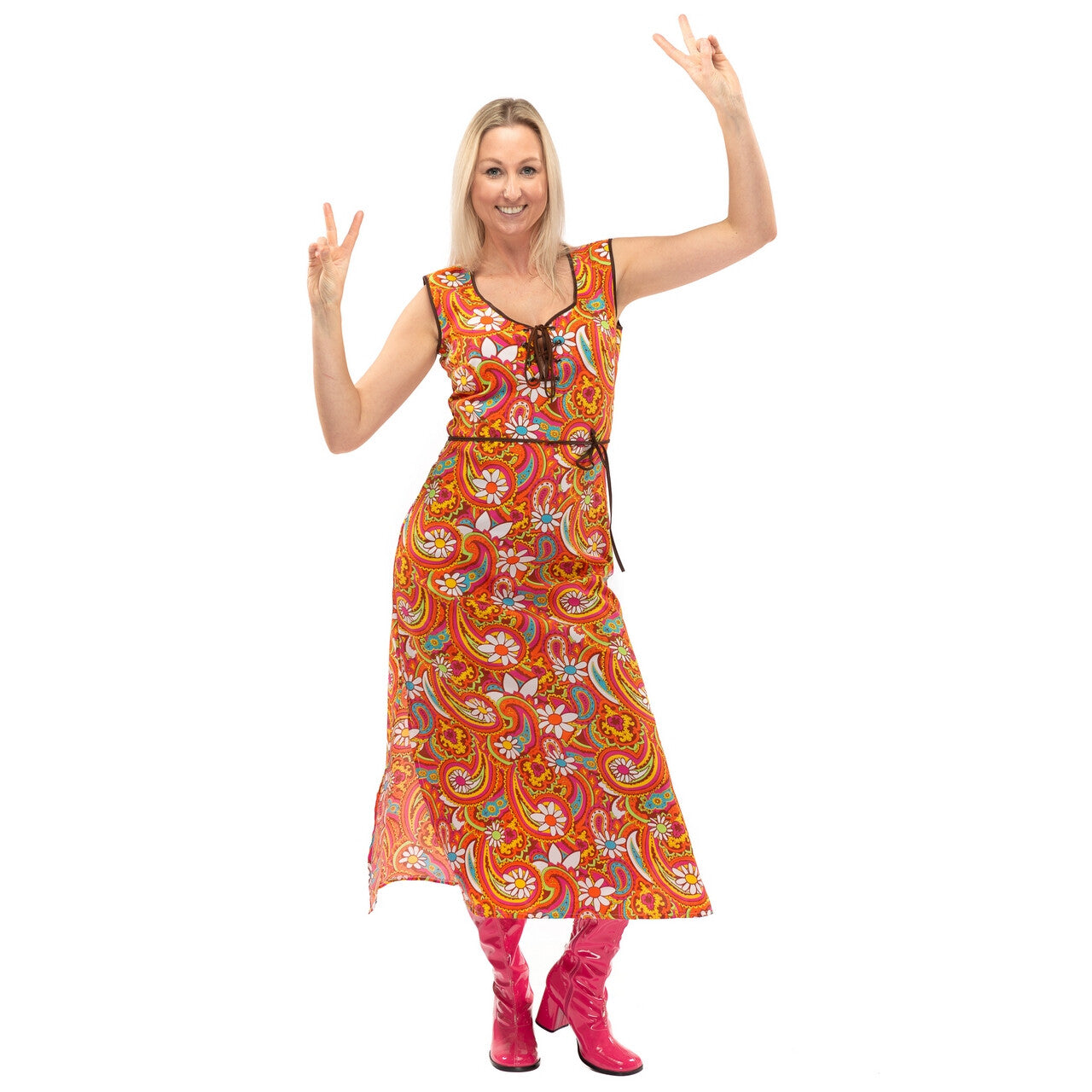 Op deze afbeelding zie je een Kostuums, van het merk Original Replicas. Oranje Lang Jaren 70 En 60 Hippie Bloemen Soul Disco Pretty Paisley Vrouw Kostuum