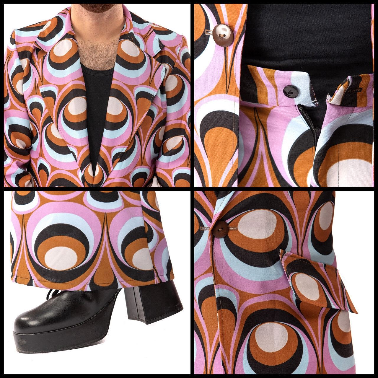 Op deze afbeelding zie je een Kostuums, van het merk Original Replicas. Jaren 70 Hippie Soul Disco 60s Psychedelische Ogen Man Kostuum
