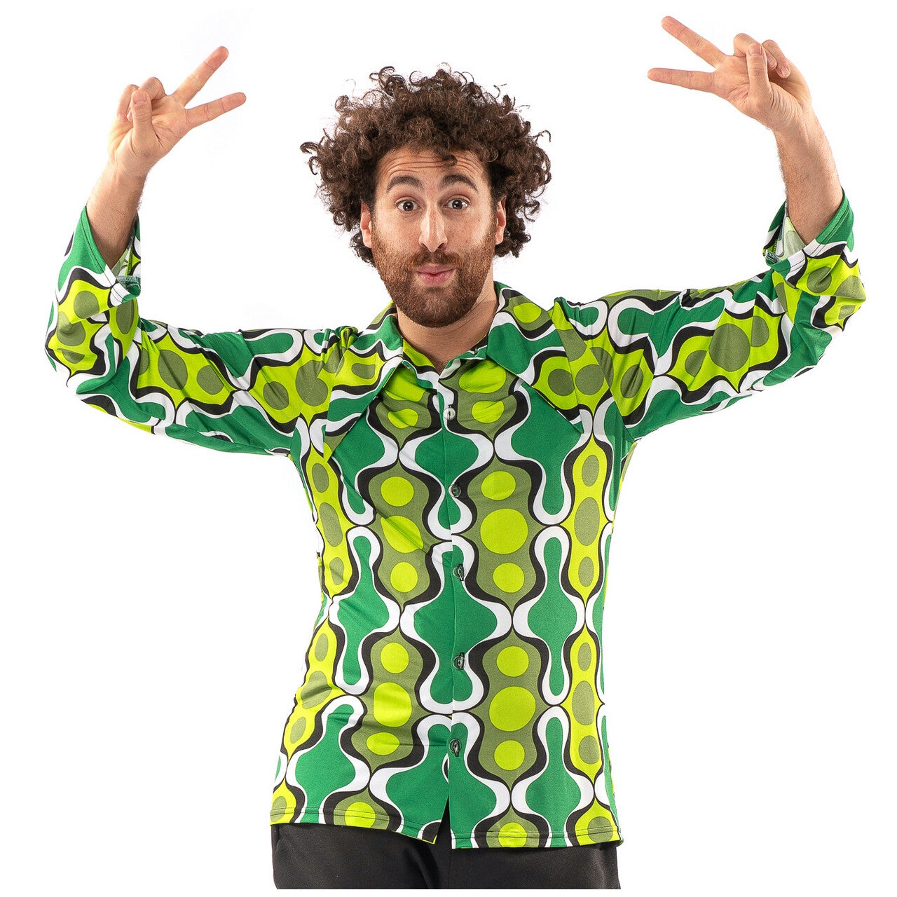 Op deze afbeelding zie je een Kostuums, van het merk Original Replicas. Jaren 70 Hippie Soul Disco 60s Ga Voor Groen Shirt Man