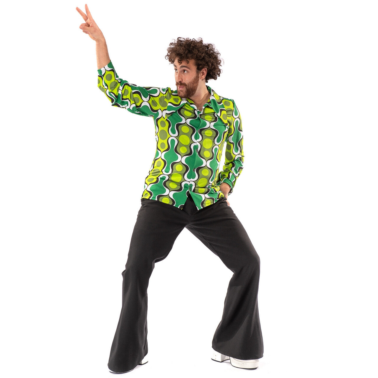 Op deze afbeelding zie je een Kostuums, van het merk Original Replicas. Jaren 70 Hippie Soul Disco 60s Ga Voor Groen Shirt Man