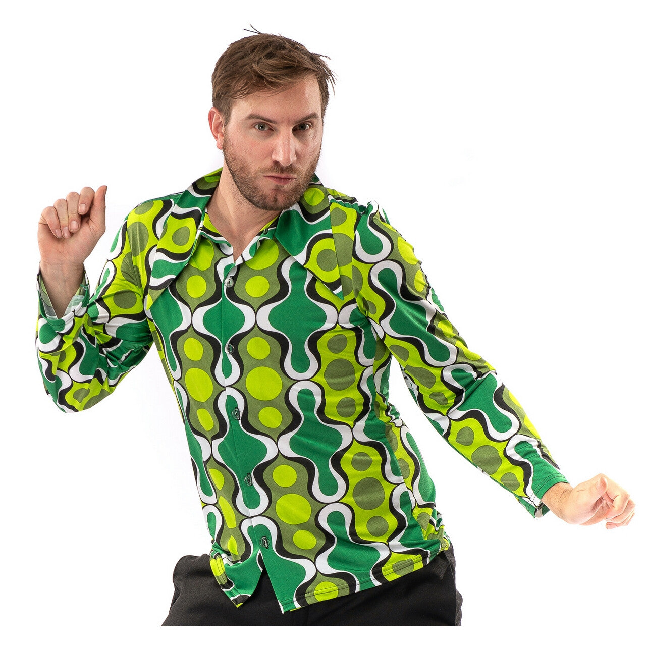Op deze afbeelding zie je een Kostuums, van het merk Original Replicas. Jaren 70 Hippie Soul Disco 60s Ga Voor Groen Shirt Man