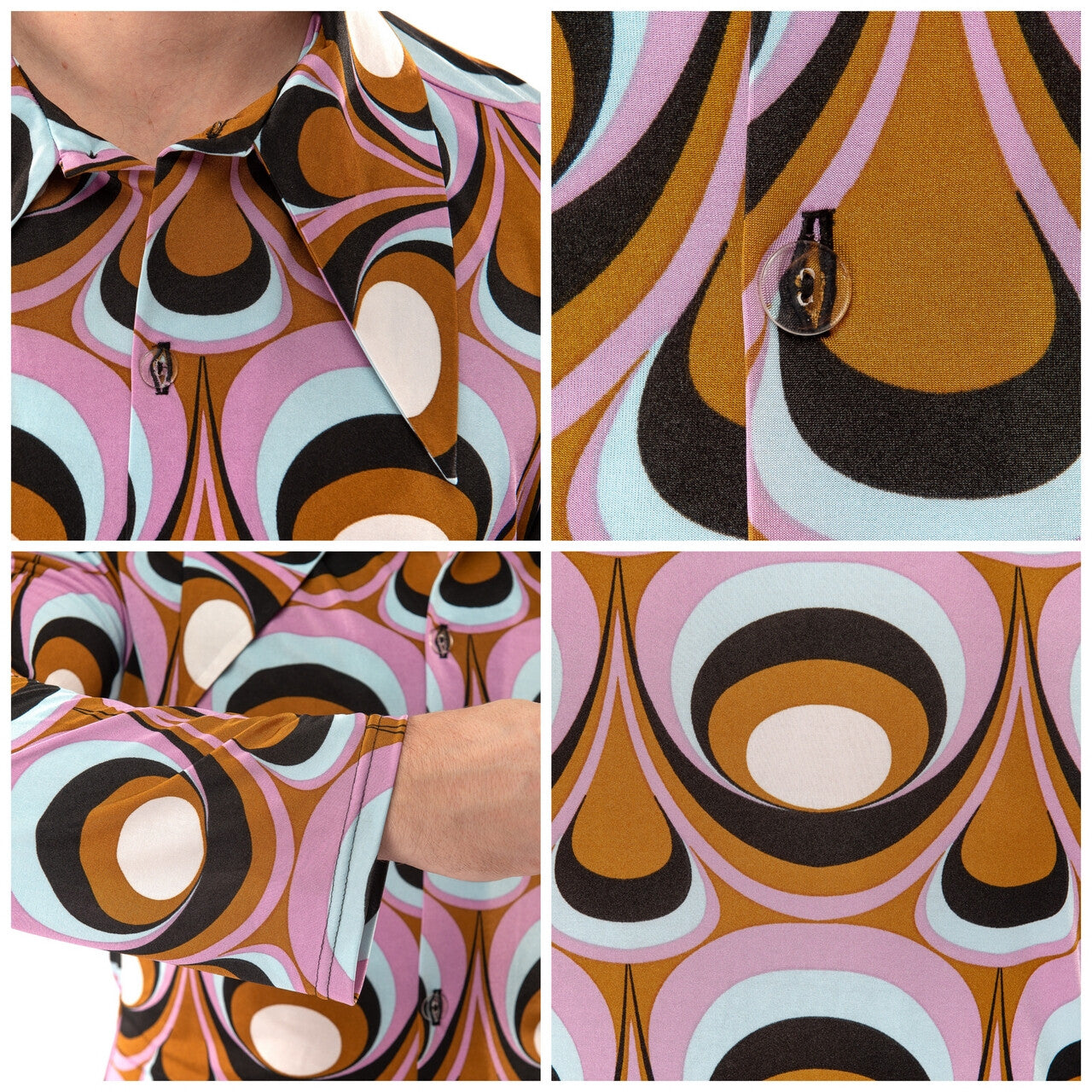 Op deze afbeelding zie je een Kostuums, van het merk Original Replicas. Jaren 70 Hippie Soul Disco 60s Psychedelische Ogen Shirt Man