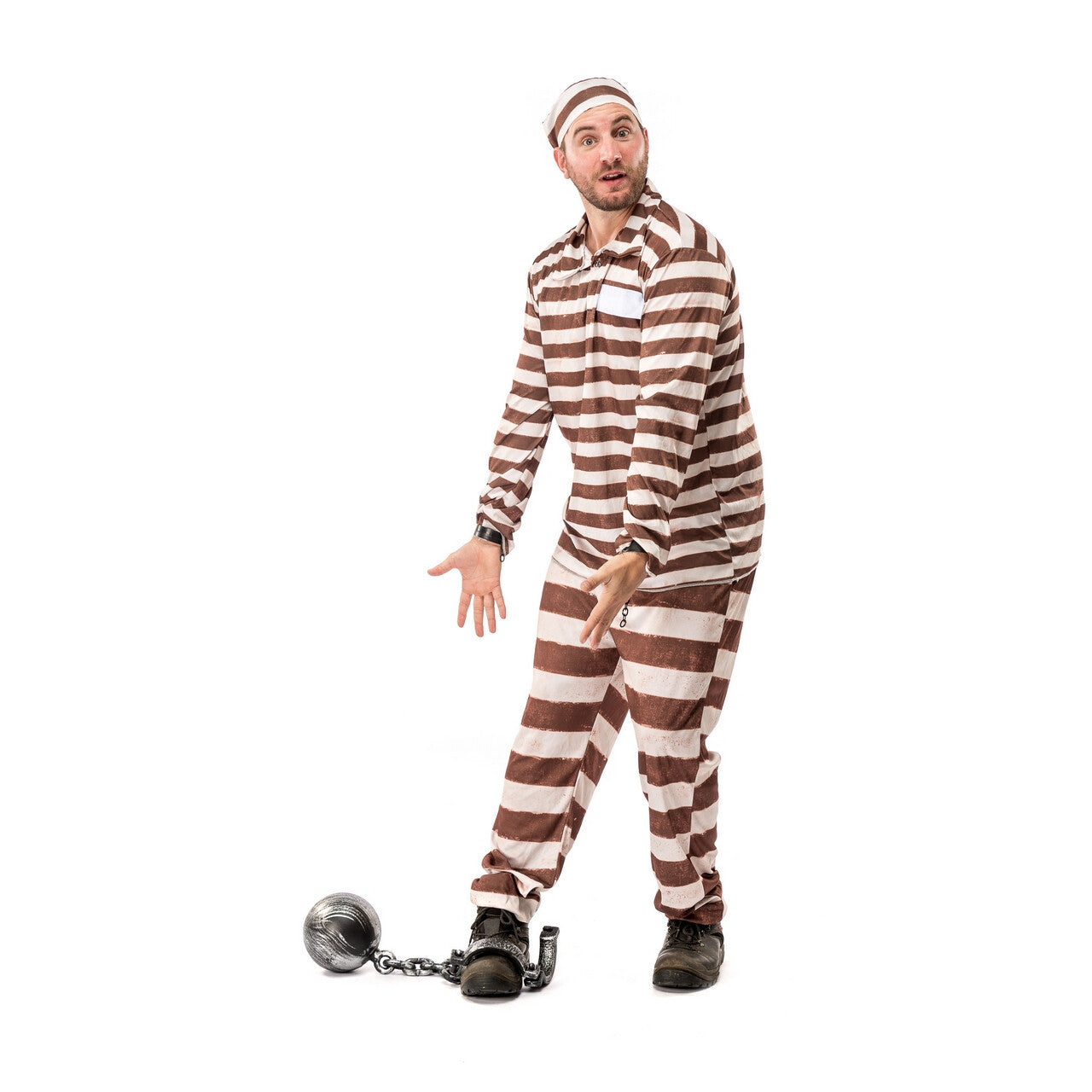 Op deze afbeelding zie je een Kostuums, van het merk Original Replicas. Bruin Gestreept Gevangenis Boef Misdadiger Alcatraz Kostuum Man