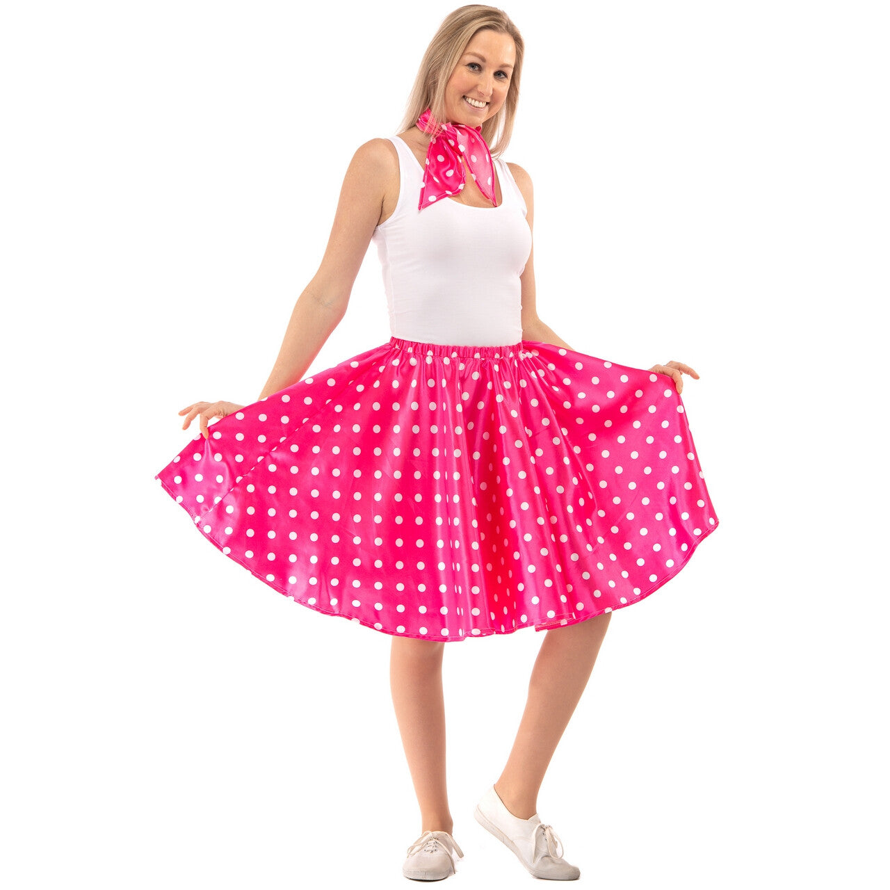 Op deze afbeelding zie je een Kostuums, van het merk Original Replicas. Jaren 50 Glimmend Roze Polkadot Rock And Roll Swing Vrouw Kostuum