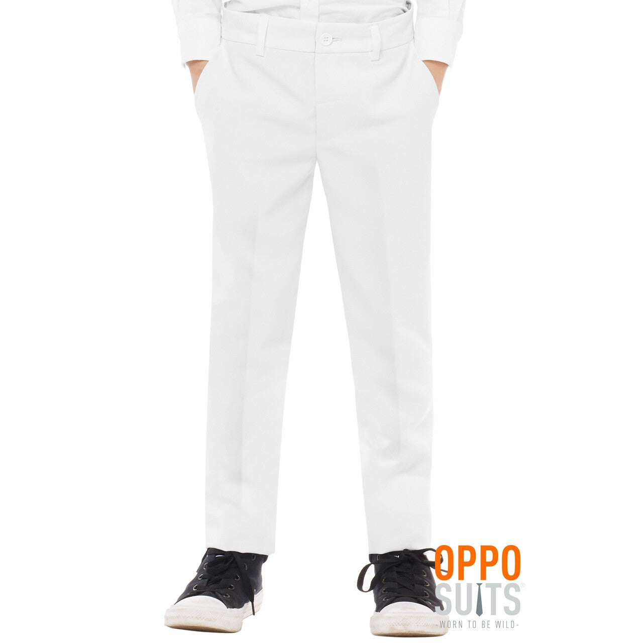Op deze afbeelding zie je een Kostuums, van het merk Opposuits. Strak Compleet Wit Party Pak Jongen