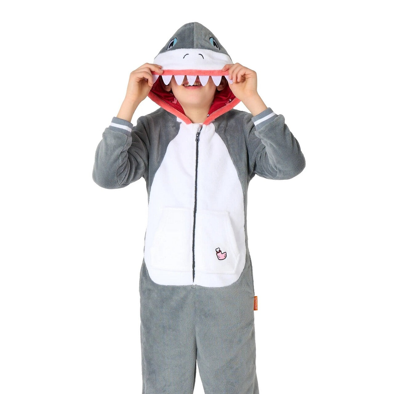 Op deze afbeelding zie je een Kostuums, van het merk Opposuits. Little Shark Attack Onesie Kind Kostuum