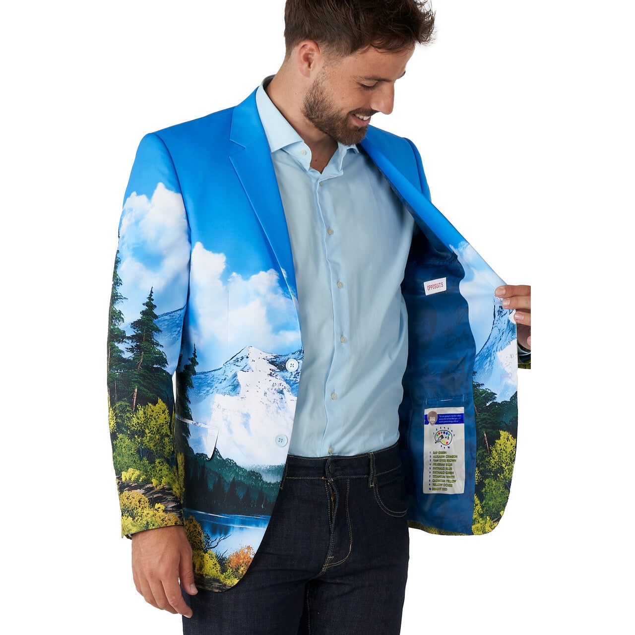 Op deze afbeelding zie je een Kostuums, van het merk Opposuits. Bob Ross Blazer Happy Little Trees Colbert Man