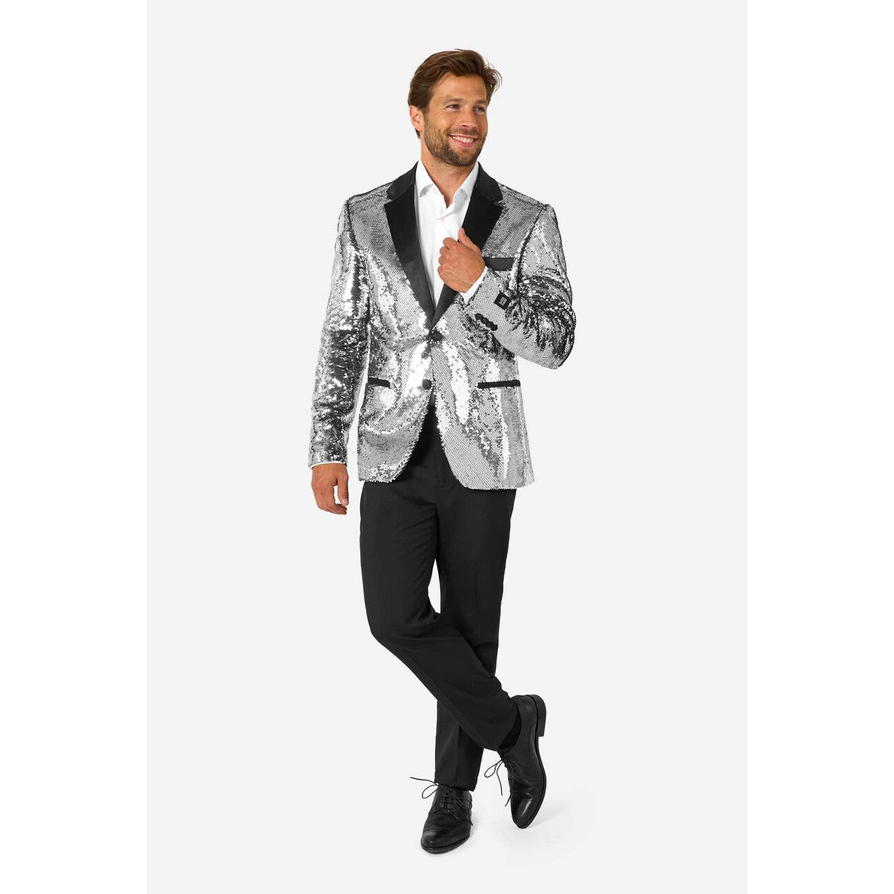 Op deze afbeelding zie je een Kostuums, van het merk Opposuits. Shiny Silver Sequins Man