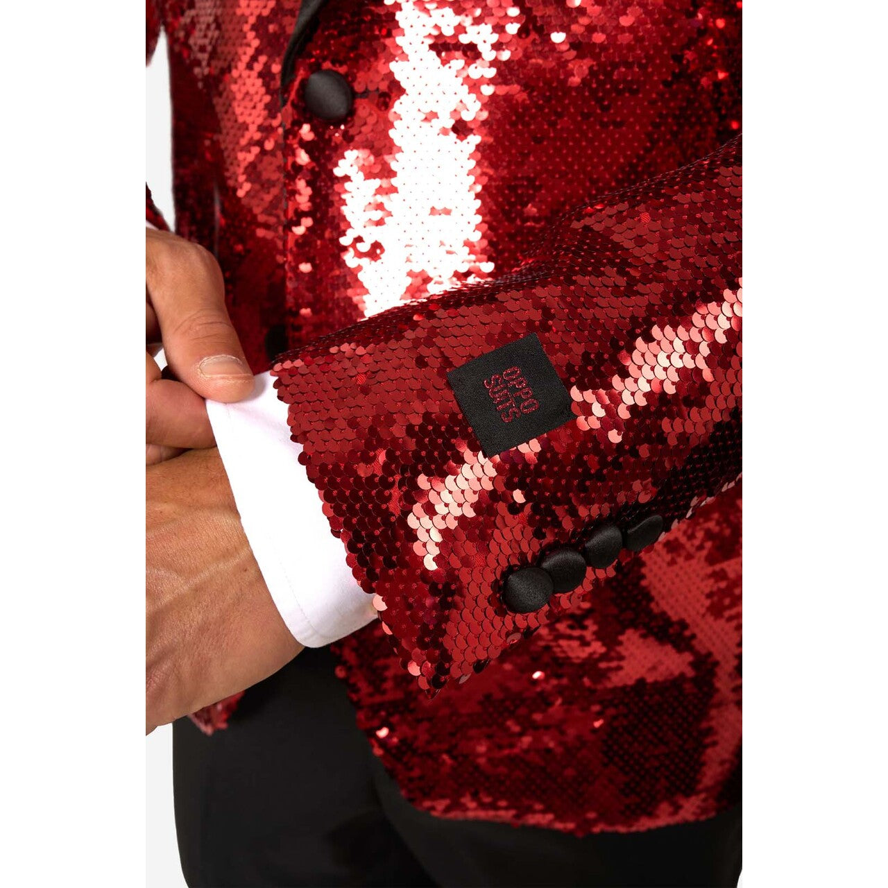 Op deze afbeelding zie je een Kostuums, van het merk Opposuits. Radiant Red Sequins Man