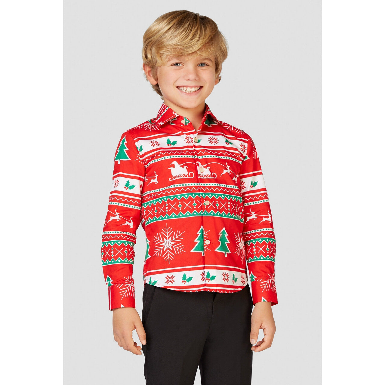 Op deze afbeelding zie je een Kostuums, van het merk Opposuits. Rode Winter Wonderland Blouse Jongen