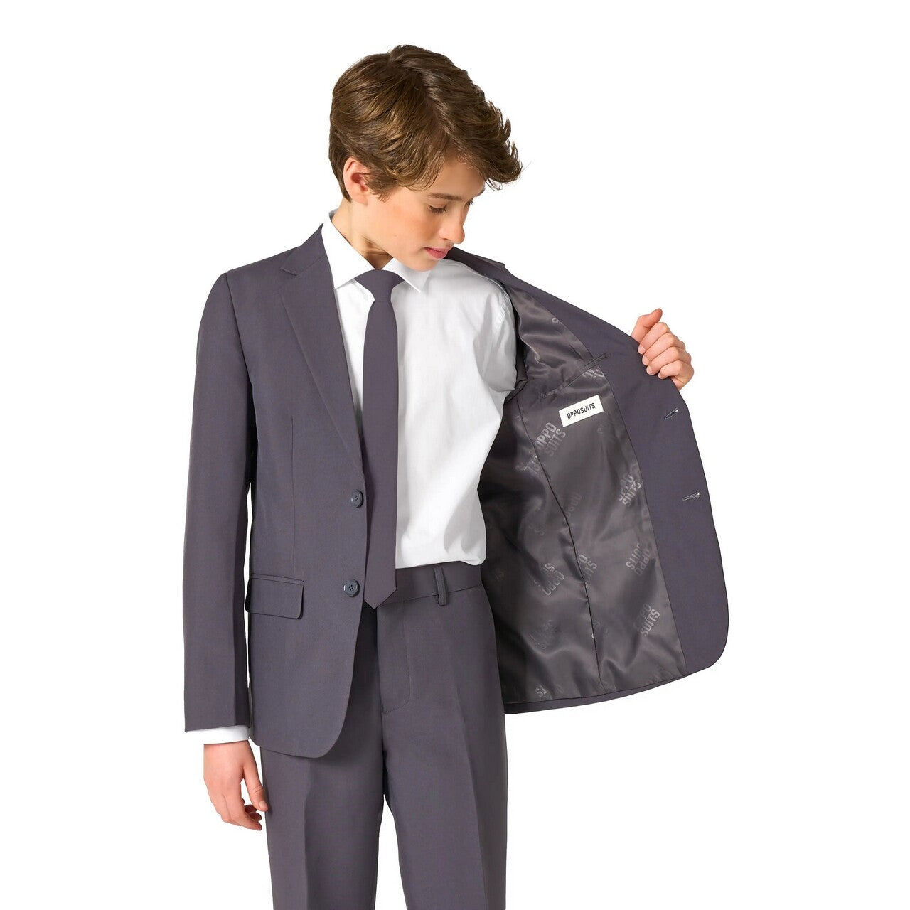 Op deze afbeelding zie je een Kostuums, van het merk Opposuits. Charcool Jongen Kostuum