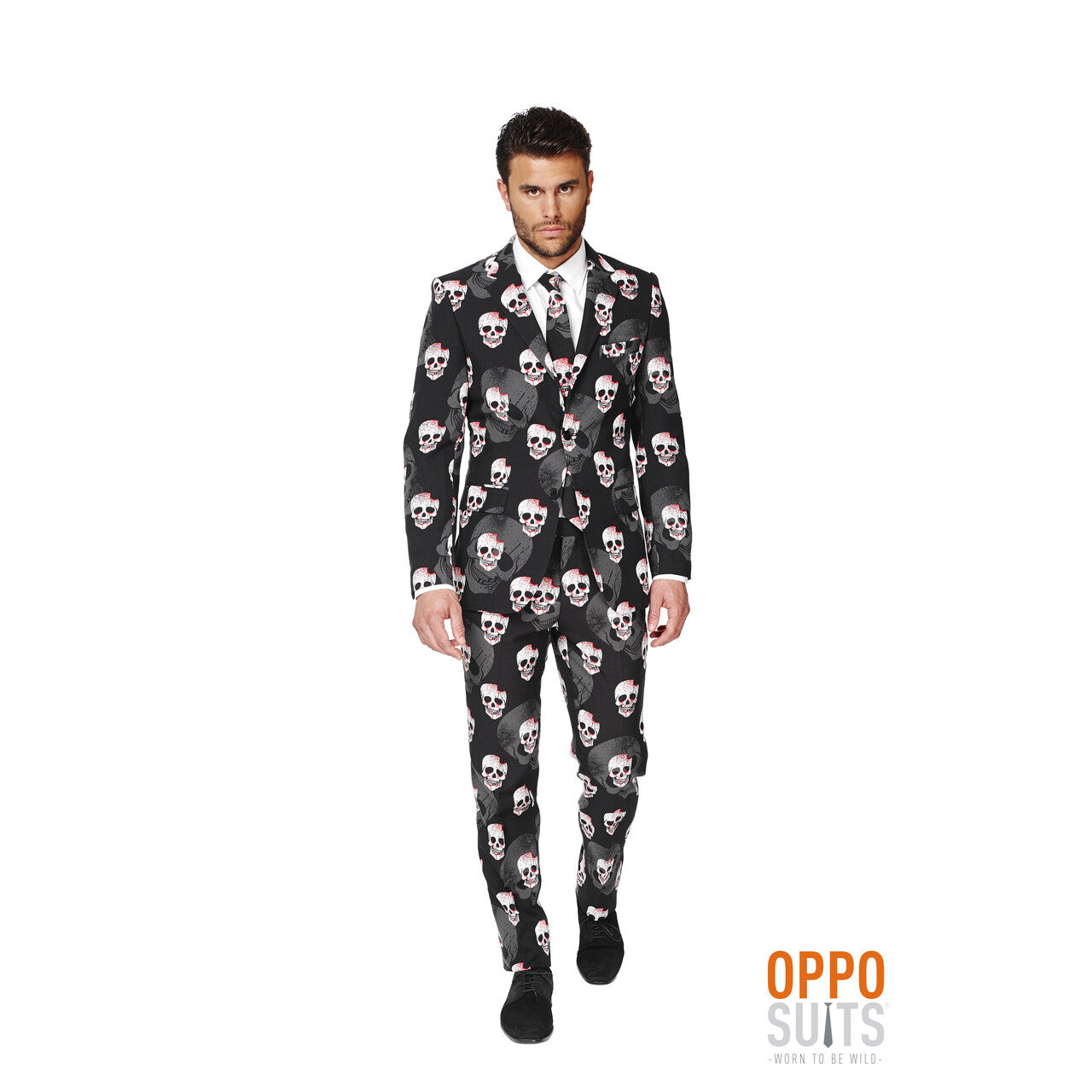 Op deze afbeelding zie je een Kostuums, van het merk Opposuits. Heavy Halloween Skulleton Opposuit Kostuum Man