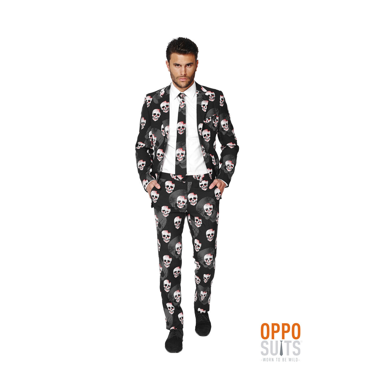 Op deze afbeelding zie je een Kostuums, van het merk Opposuits. Heavy Halloween Skulleton Opposuit Kostuum Man