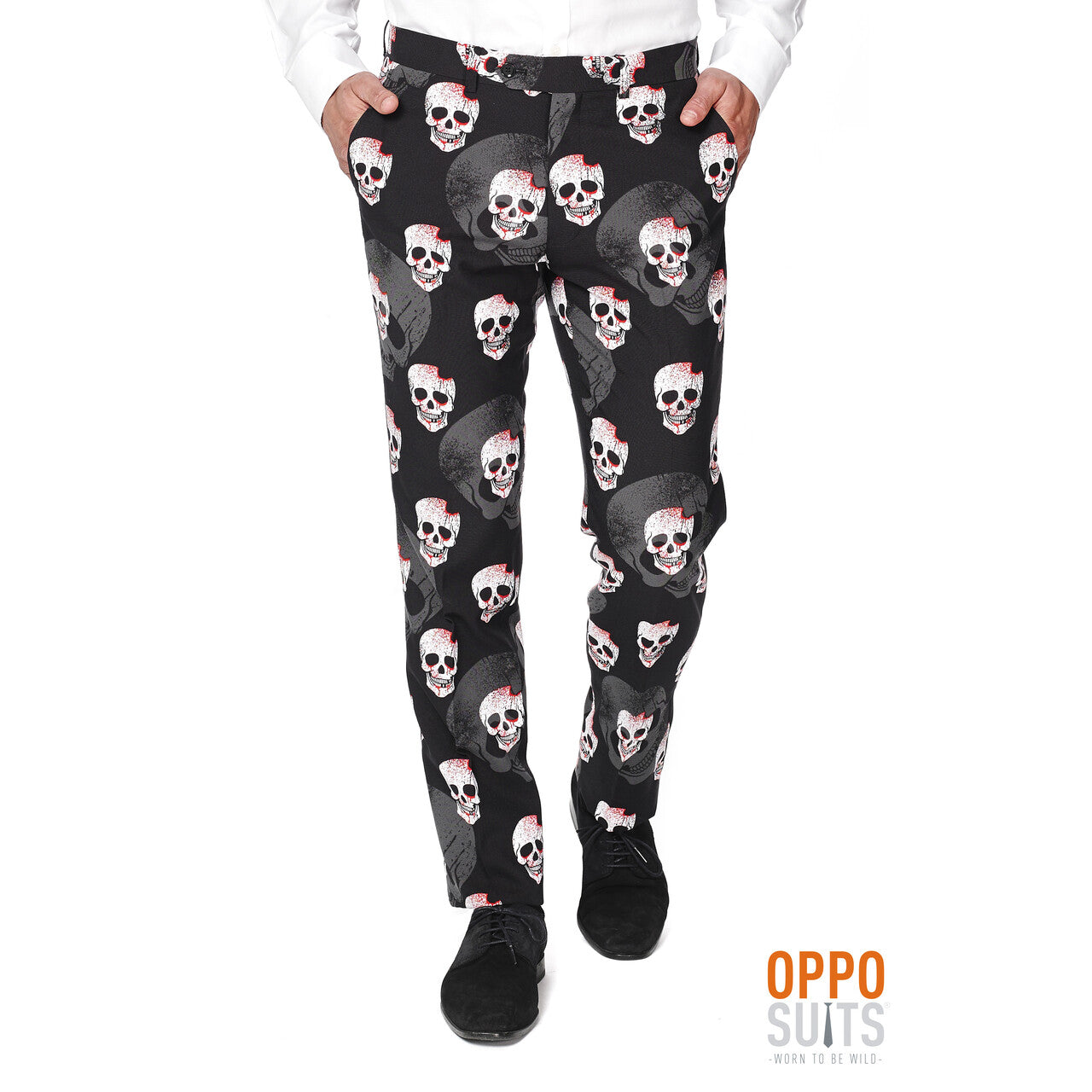 Op deze afbeelding zie je een Kostuums, van het merk Opposuits. Heavy Halloween Skulleton Opposuit Kostuum Man