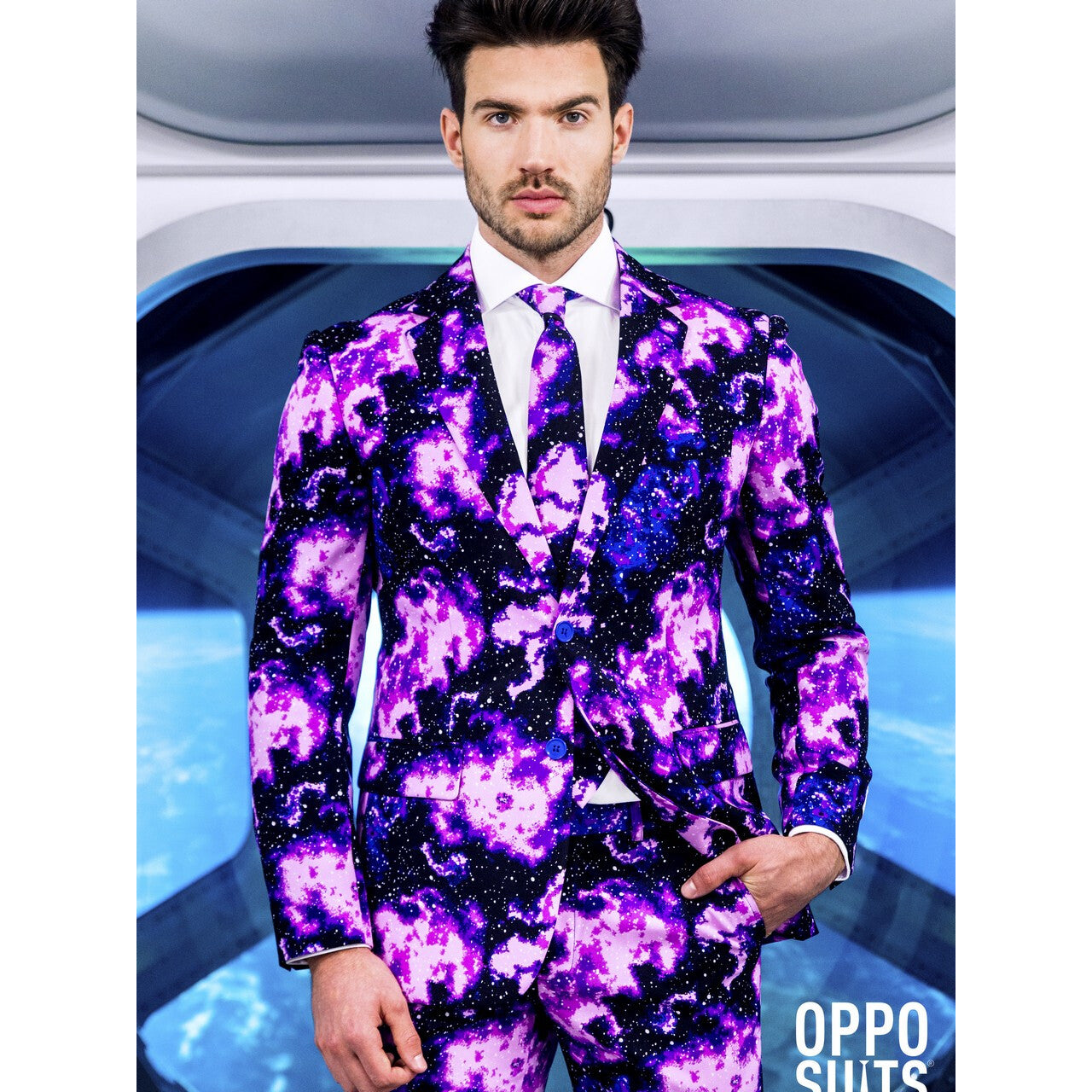 Op deze afbeelding zie je een Kostuums, van het merk Opposuits. Melkweg Galaxy Guy Opposuit Man Kostuum