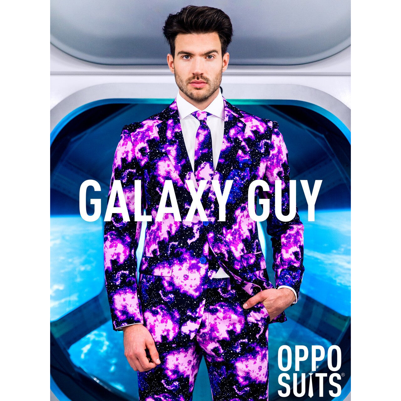 Op deze afbeelding zie je een Kostuums, van het merk Opposuits. Melkweg Galaxy Guy Opposuit Man Kostuum
