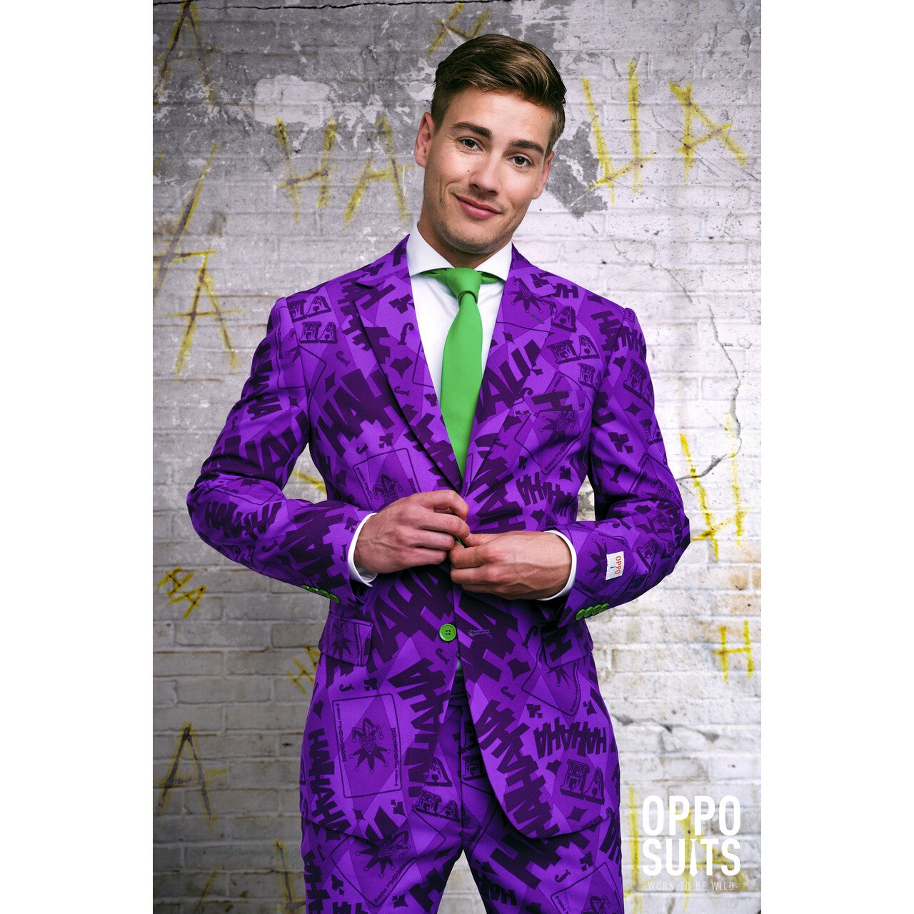 Op deze afbeelding zie je een Kostuums, van het merk Opposuits. Batman Joker™ Strip Lach Kostuum