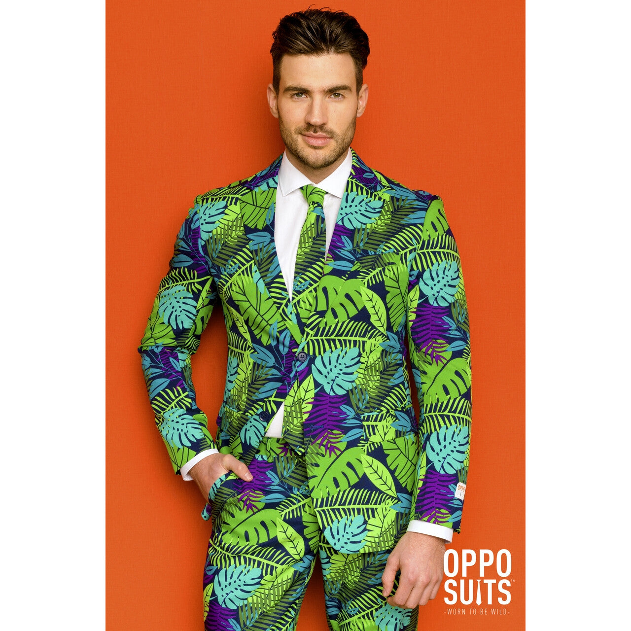 Op deze afbeelding zie je een Kostuums, van het merk Opposuits. Juicy Jungle Tropische Varens Man Kostuum