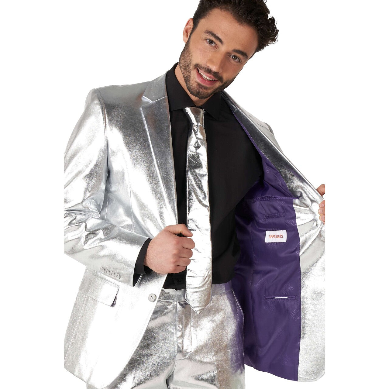 Op deze afbeelding zie je een Kostuums, van het merk Opposuits. Shiny Silver Man Kostuum