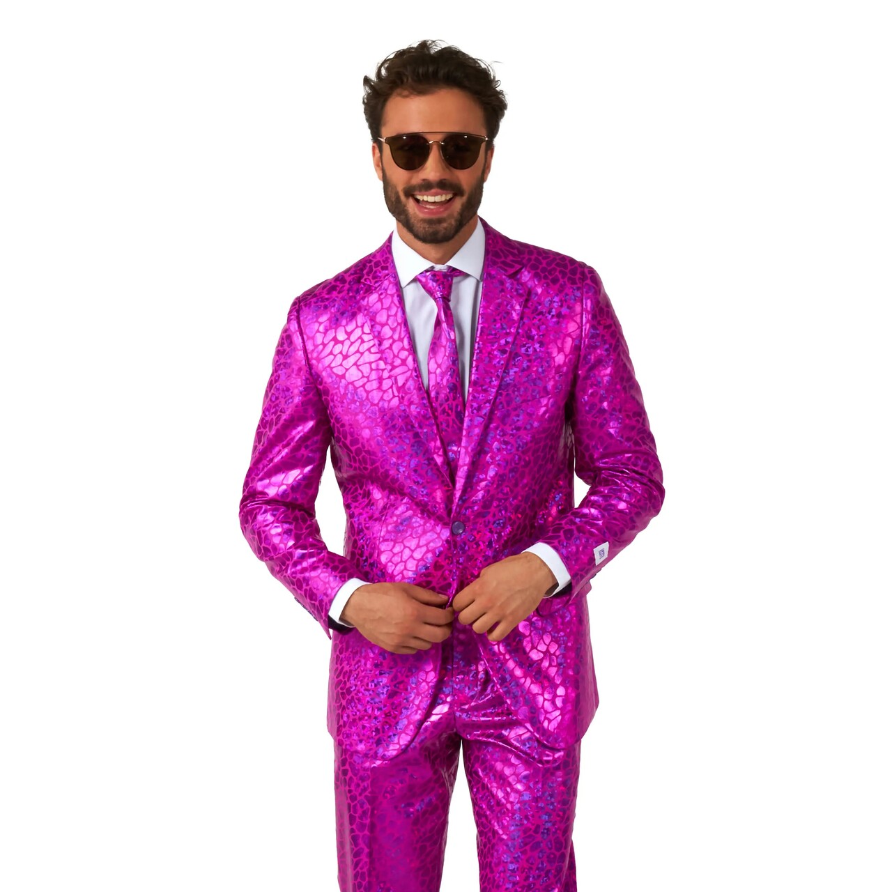 Op deze afbeelding zie je een Kostuums, van het merk Opposuits. Peppy Pink Slangen Print Man Kostuum