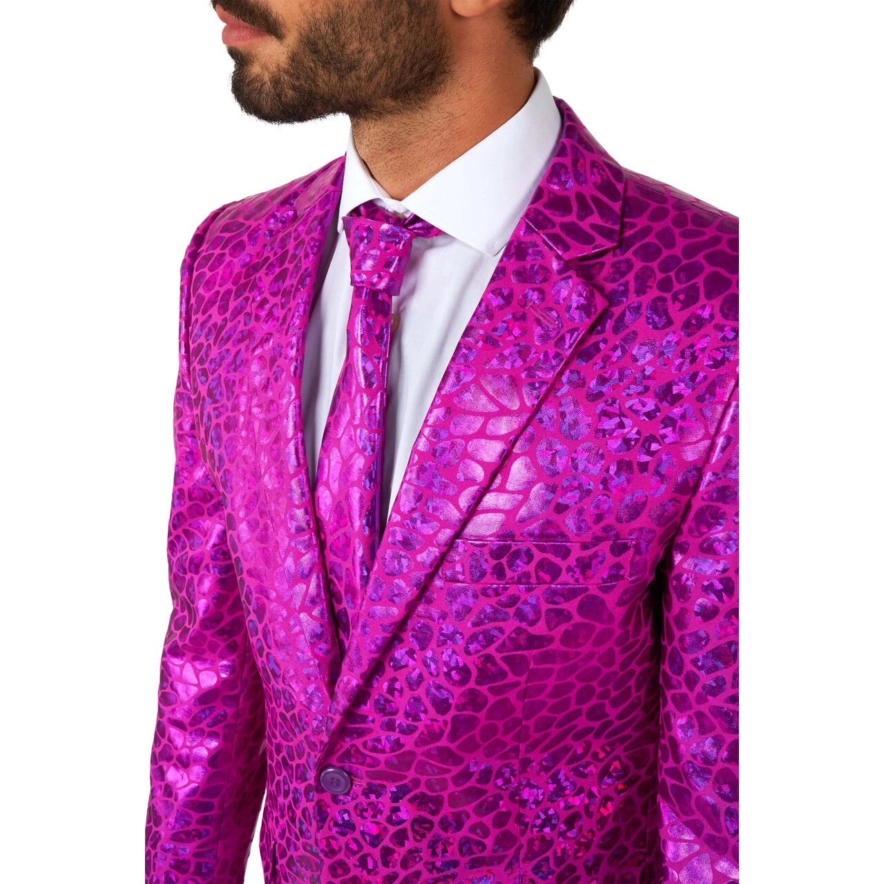 Op deze afbeelding zie je een Kostuums, van het merk Opposuits. Peppy Pink Slangen Print Man Kostuum