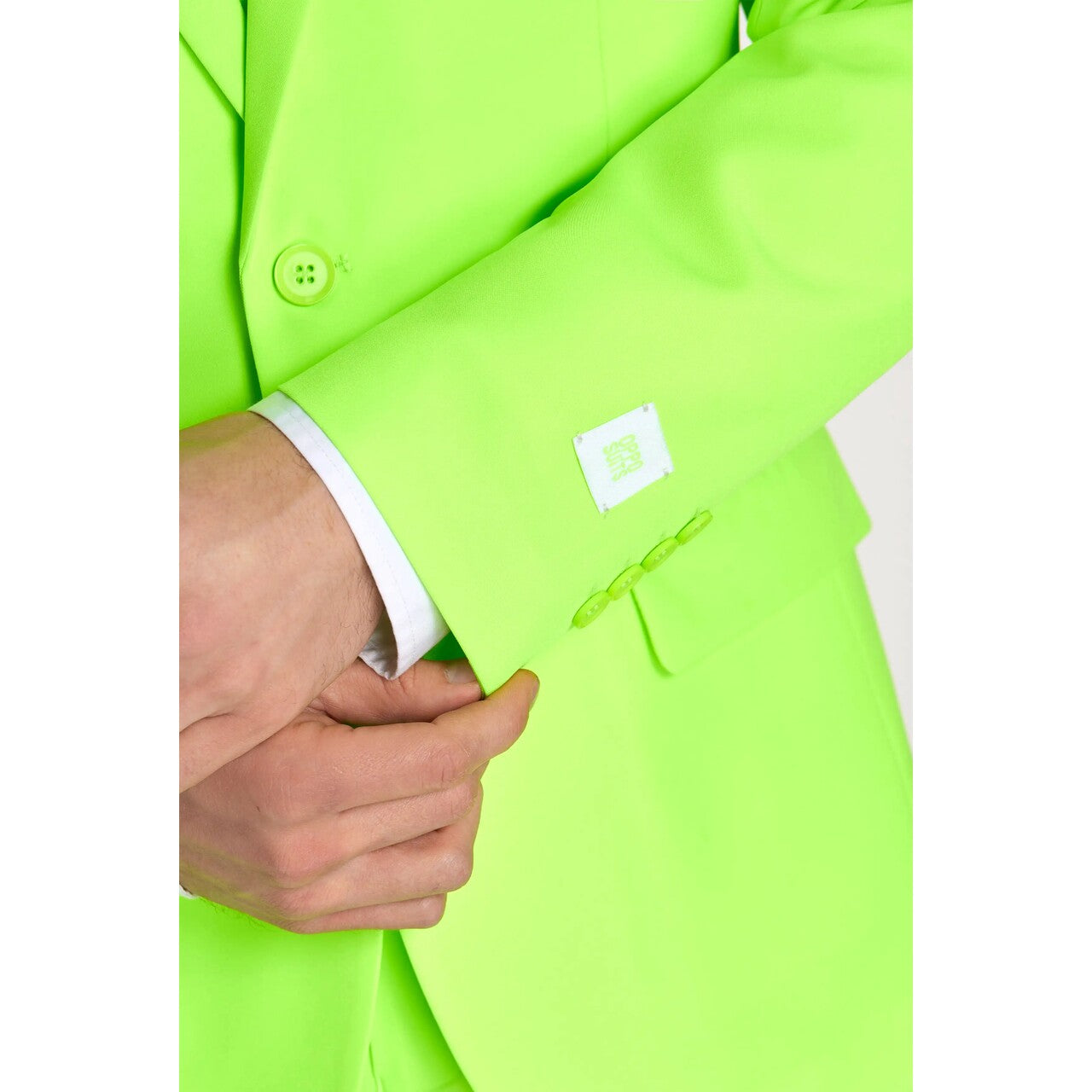 Op deze afbeelding zie je een Kostuums, van het merk Opposuits. Neon Lucky Lime Lucas Man Kostuum
