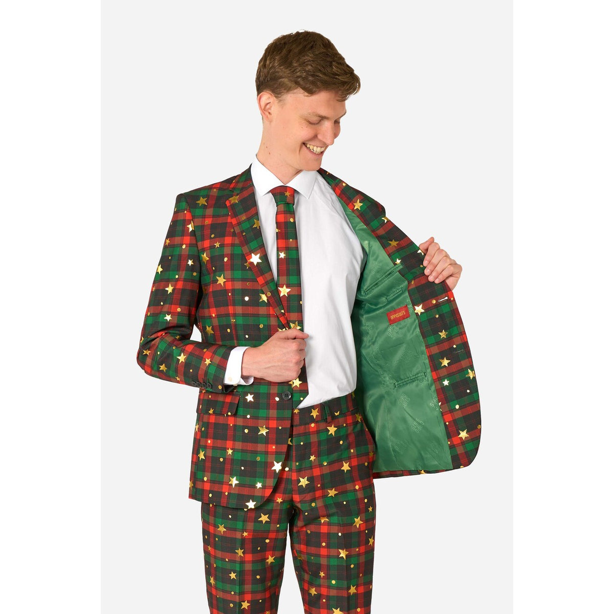 Op deze afbeelding zie je een Kostuums, van het merk Opposuits. Tartan Tidings Man Kostuum