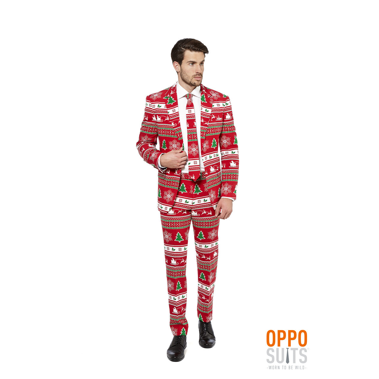Op deze afbeelding zie je een Kostuums, van het merk Opposuits. Lekker Foute Rood Winter Wonderland Kerst Opposuit Man Kostuum