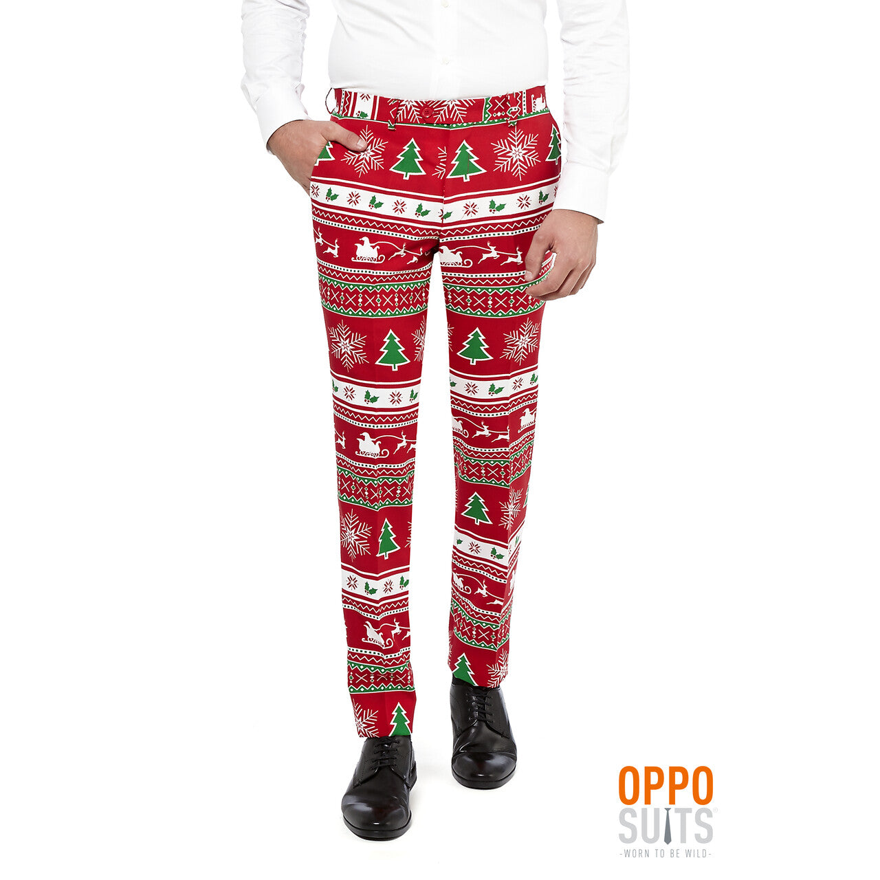 Op deze afbeelding zie je een Kostuums, van het merk Opposuits. Lekker Foute Rood Winter Wonderland Kerst Opposuit Man Kostuum