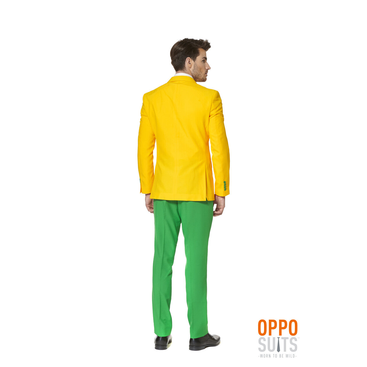 Op deze afbeelding zie je een Kostuums, van het merk Opposuits. Flashy Green And Gold Opposuit Man Kostuum