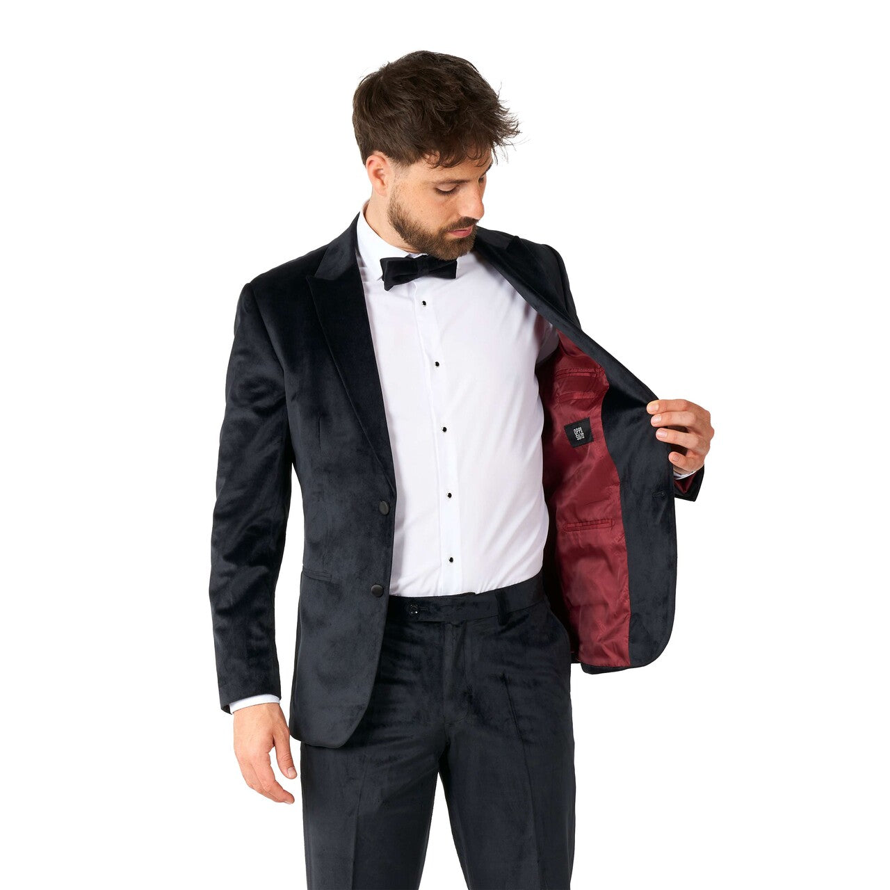 Op deze afbeelding zie je een Kostuums, van het merk Opposuits. Midnight Black Velvet Man Kostuum