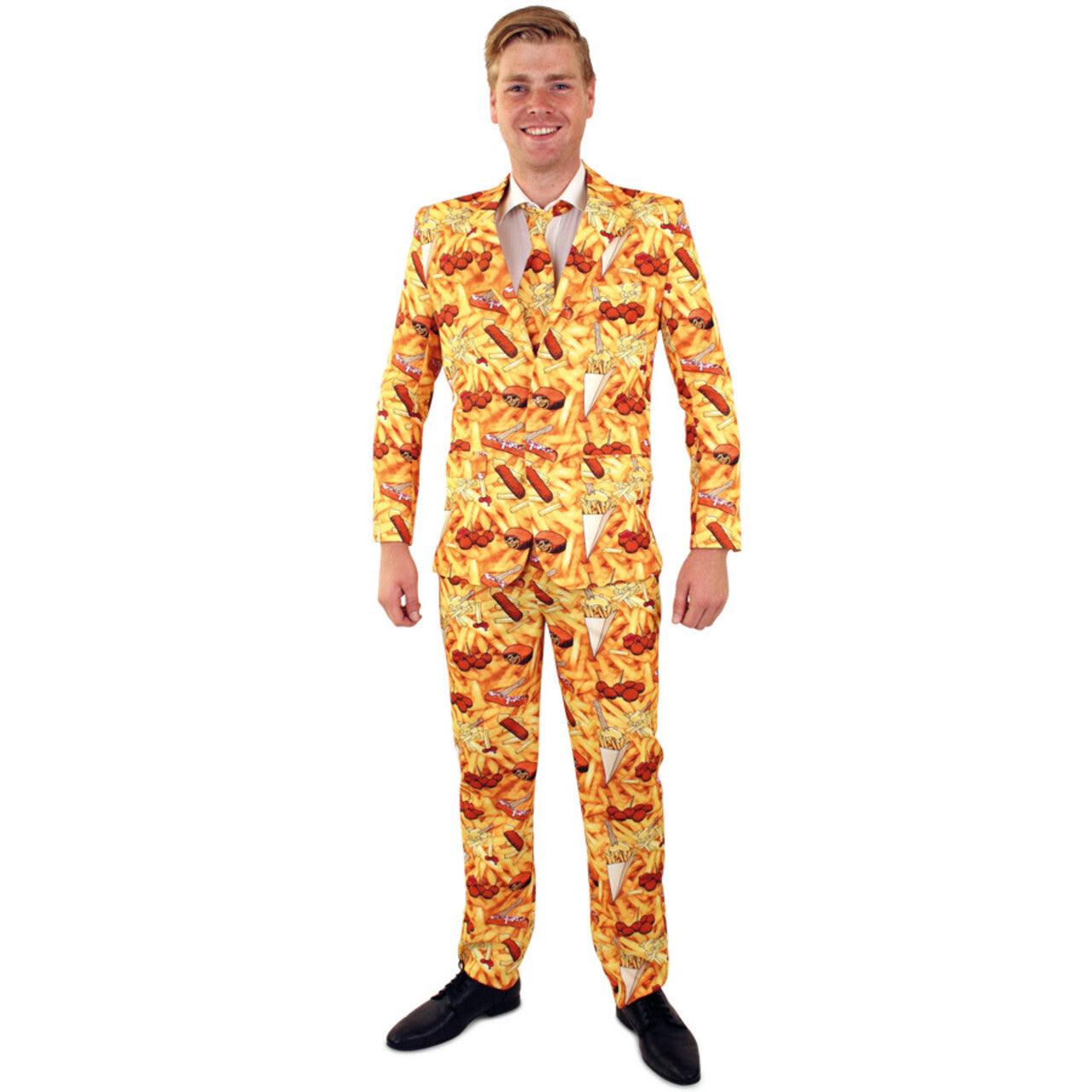 Op deze afbeelding zie je een Kostuums, van het merk PartyXplosion. Vette Hap Snackbar Patat Man Kostuum