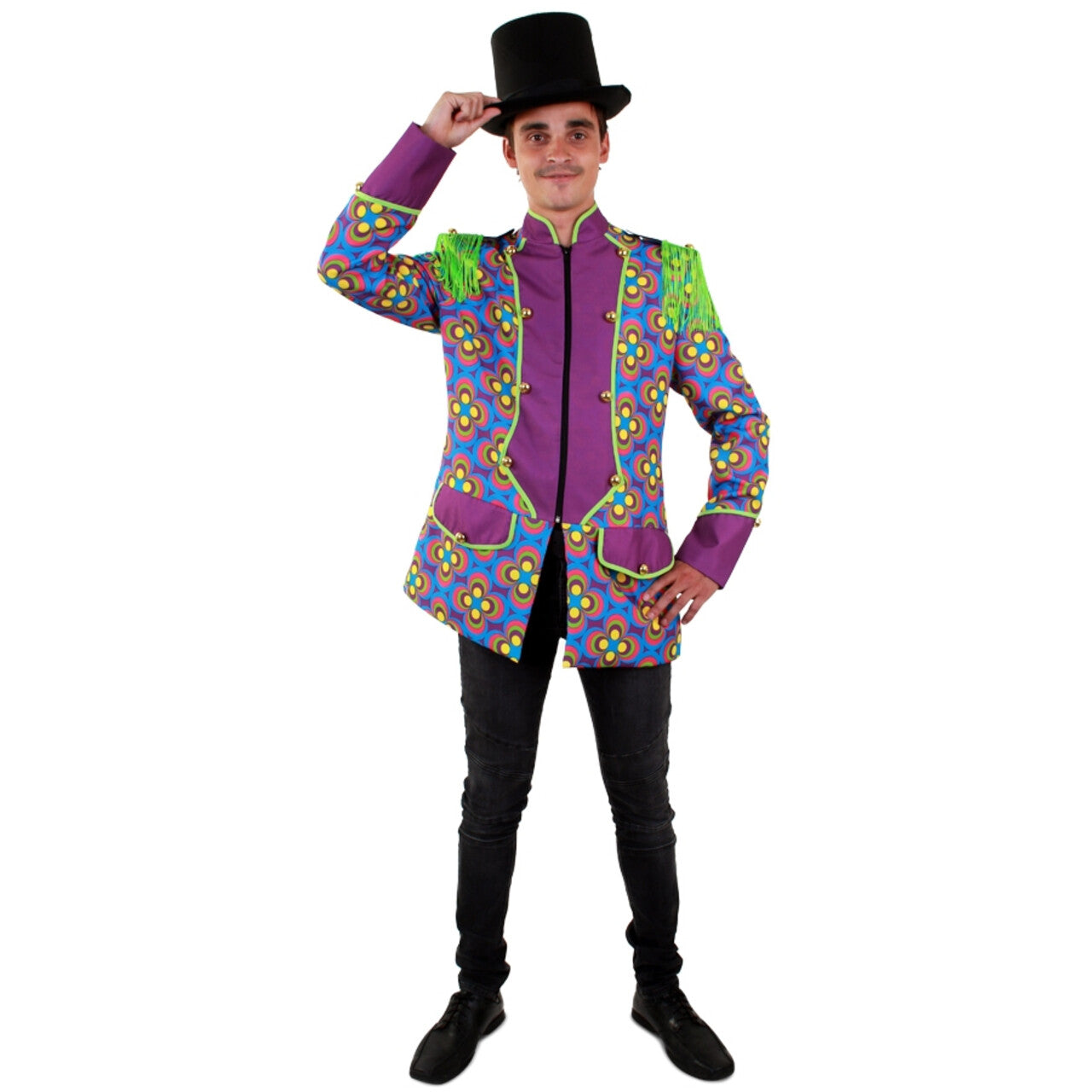 Op deze afbeelding zie je een Kostuums, van het merk PartyXplosion. Flower Power Jas Hippie Circus Directeur Man
