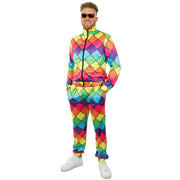 Op deze afbeelding zie je een Kostuums, van het merk PartyXplosion. Jaren 80 Trainingspak Multicolor Ruit Heren Man Kostuum