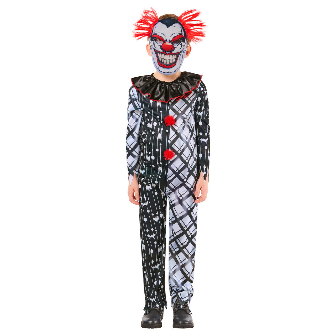 Op deze afbeelding zie je een Kostuums, van het merk Rubies. Monochrome Sinister Clown Jongen Kostuum