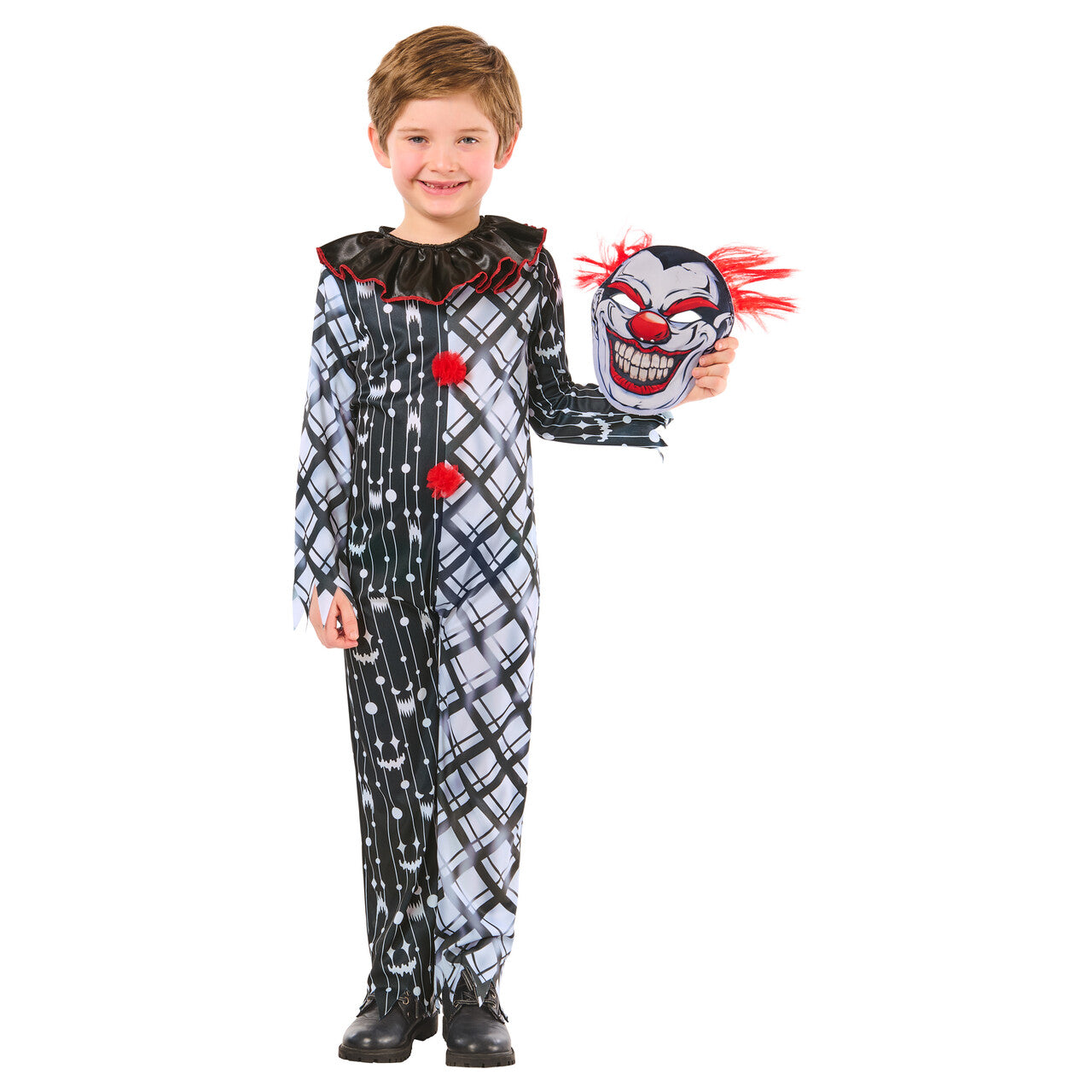 Op deze afbeelding zie je een Kostuums, van het merk Rubies. Monochrome Sinister Clown Jongen Kostuum