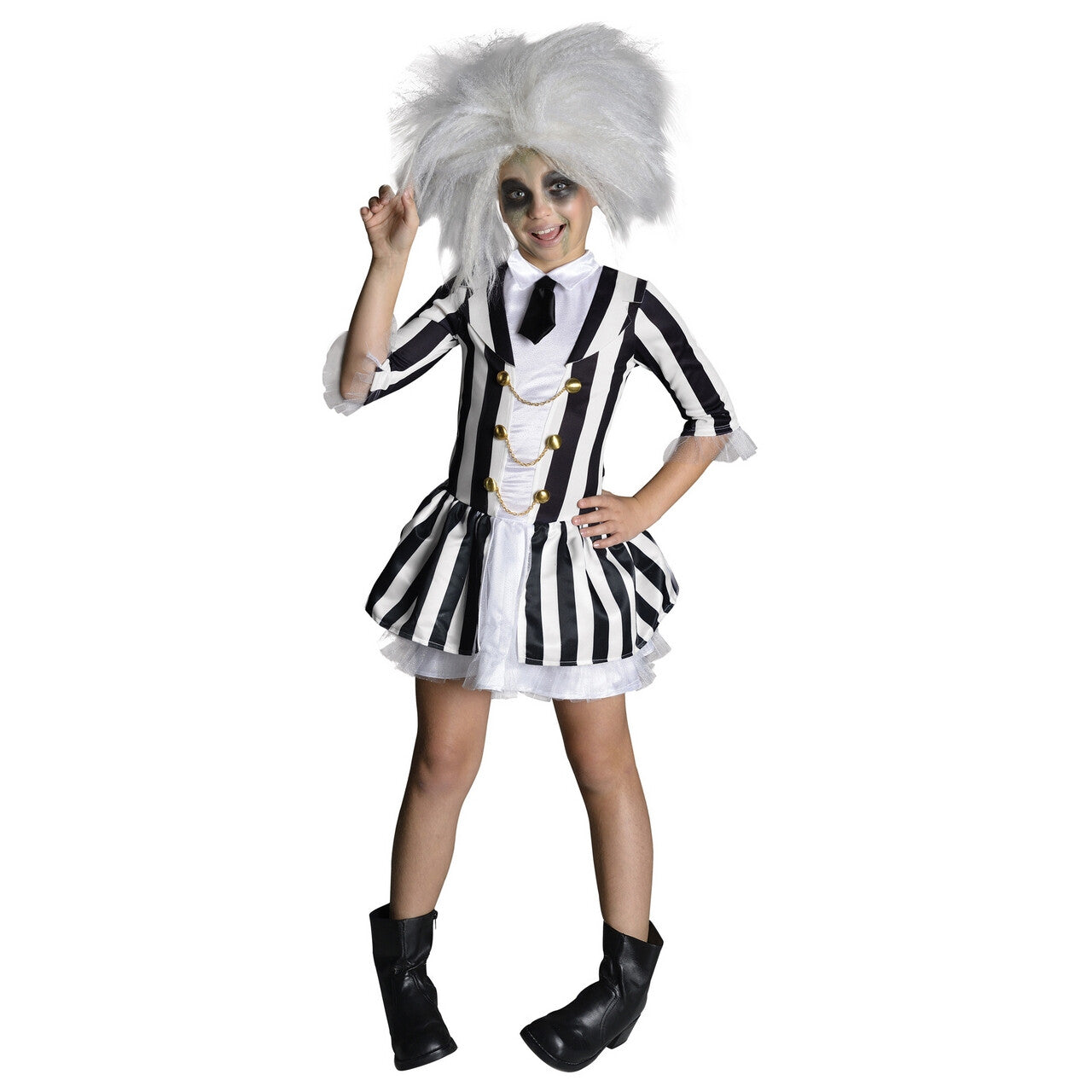 Op deze afbeelding zie je een Kostuums, van het merk Rubies. Beetlejuice Black And White Stripe Kind Meisje Kostuum