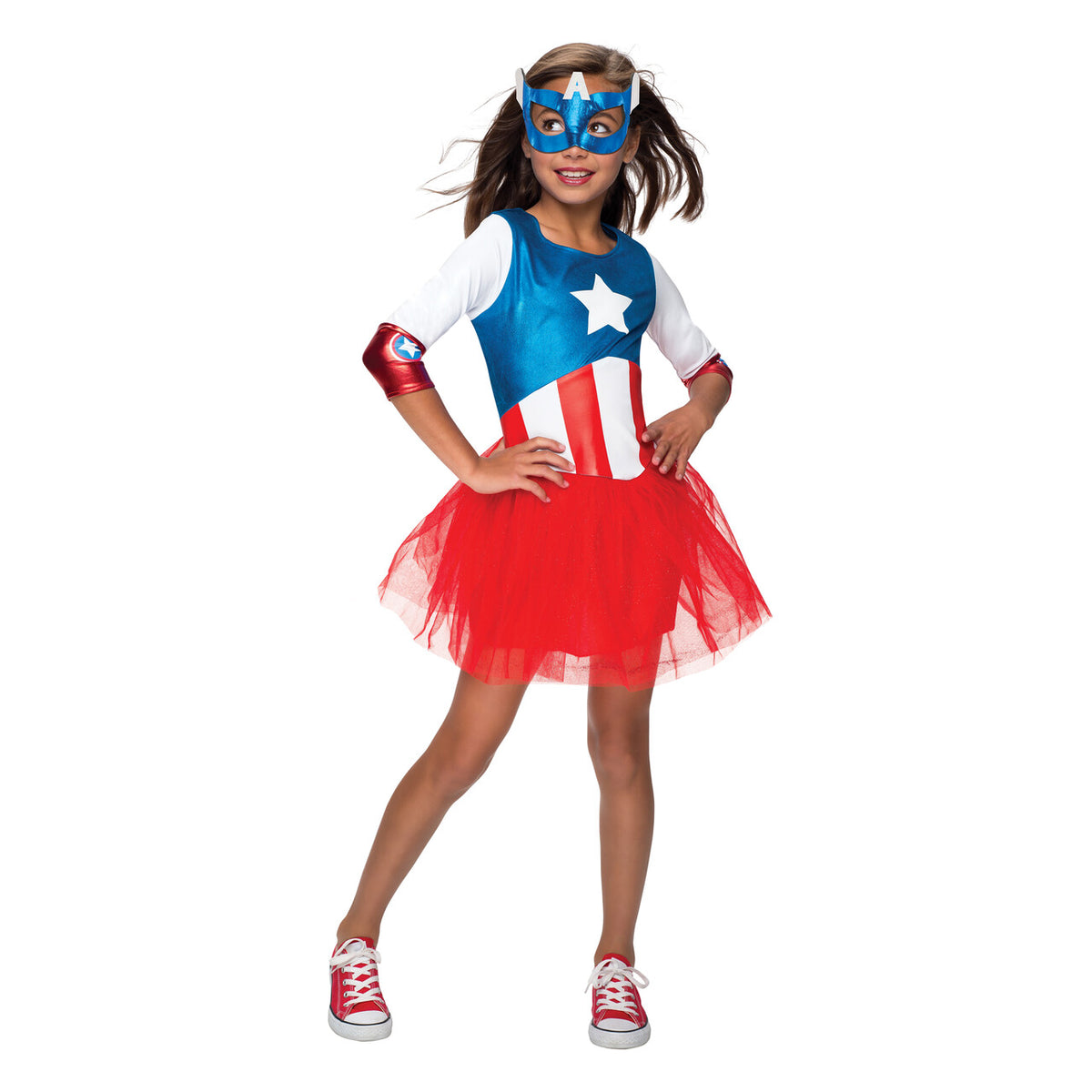 Op deze afbeelding zie je een Kostuums, van het merk Rubies. Stoere Superheldin Captain America Meisje Kostuum