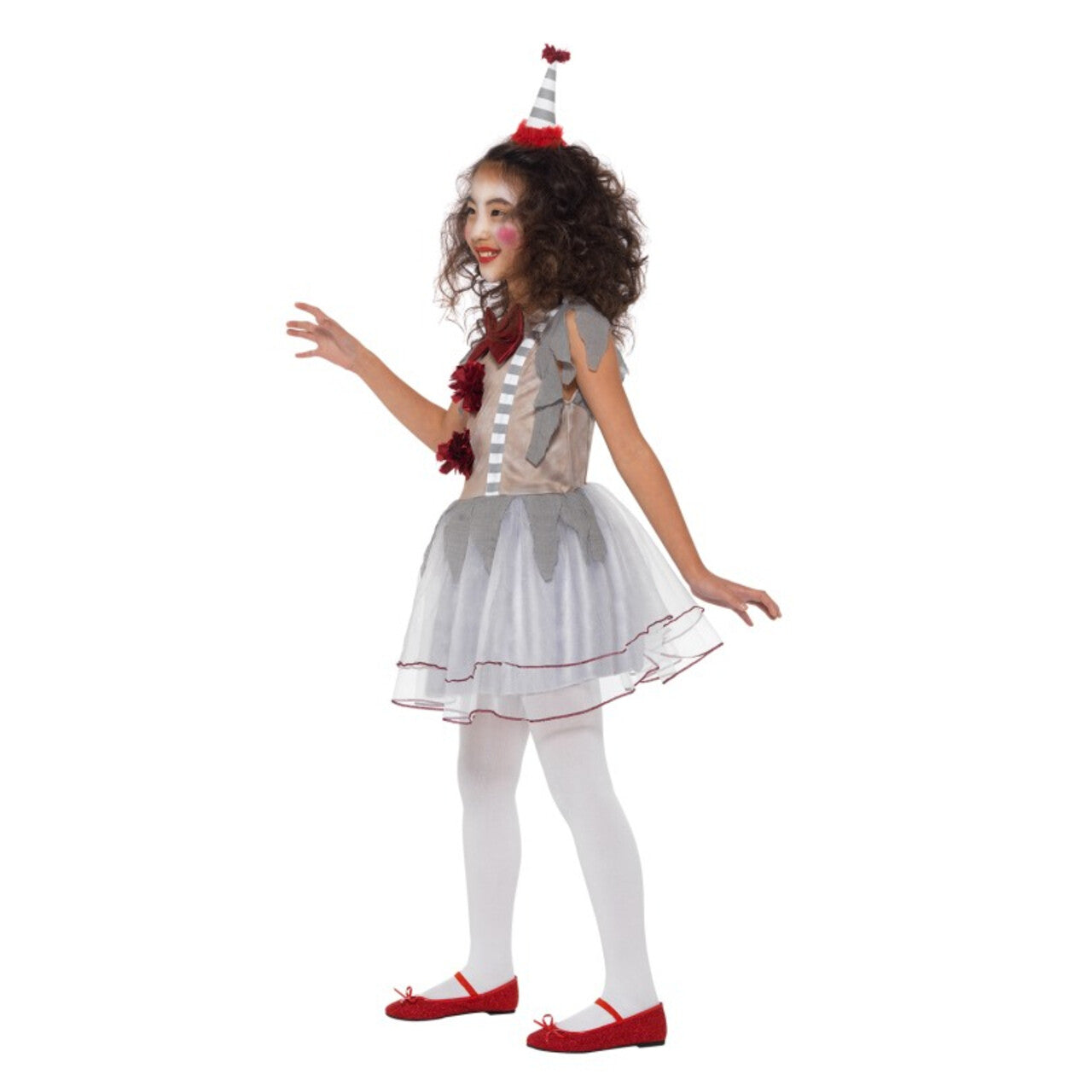 Op deze afbeelding zie je een Kostuums, van het merk Smiffy's. Grappige Grijze Grollen Clown Meisje Kostuum