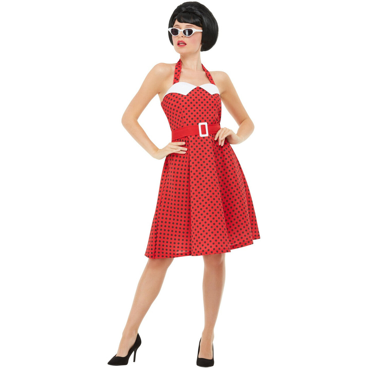 Op deze afbeelding zie je een Kostuums, van het merk Smiffy's. Rood Rock And Roll Jaren 50 Stippel Vrouw Kostuum